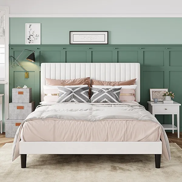Allewie Full Bed Frame, Velvet Upholstered Platform Bed with Adjustable Vertical Channel Tufted Headboard, Mattress Foundation with Strong Wooden Slats, Box Spring Optional, Easy Assembly, White