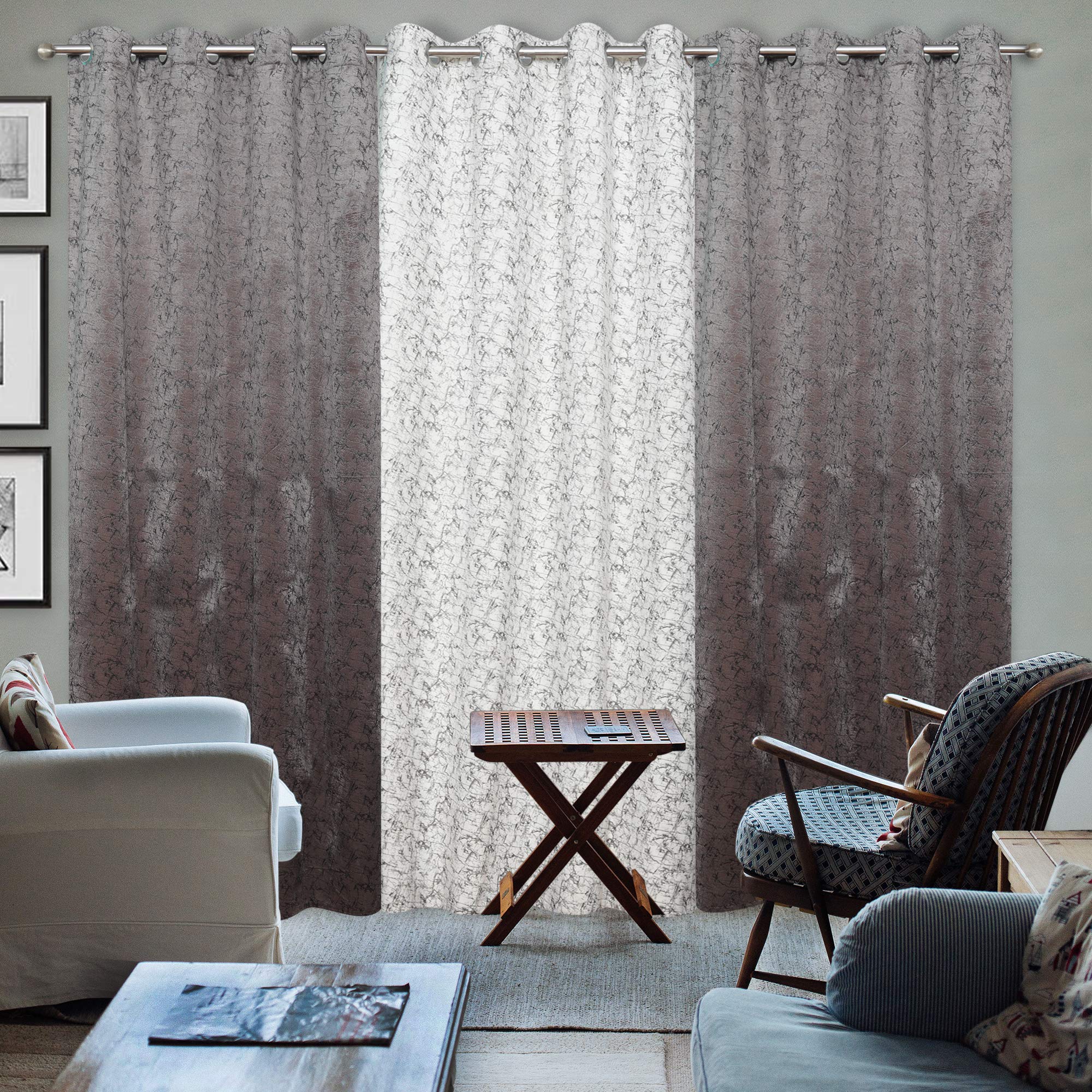 Keshav Fab Heavy Velvet 3 Print Eyelet Long Door Curtain (4x9, Grey , Grey) - Set of 3, Grommets