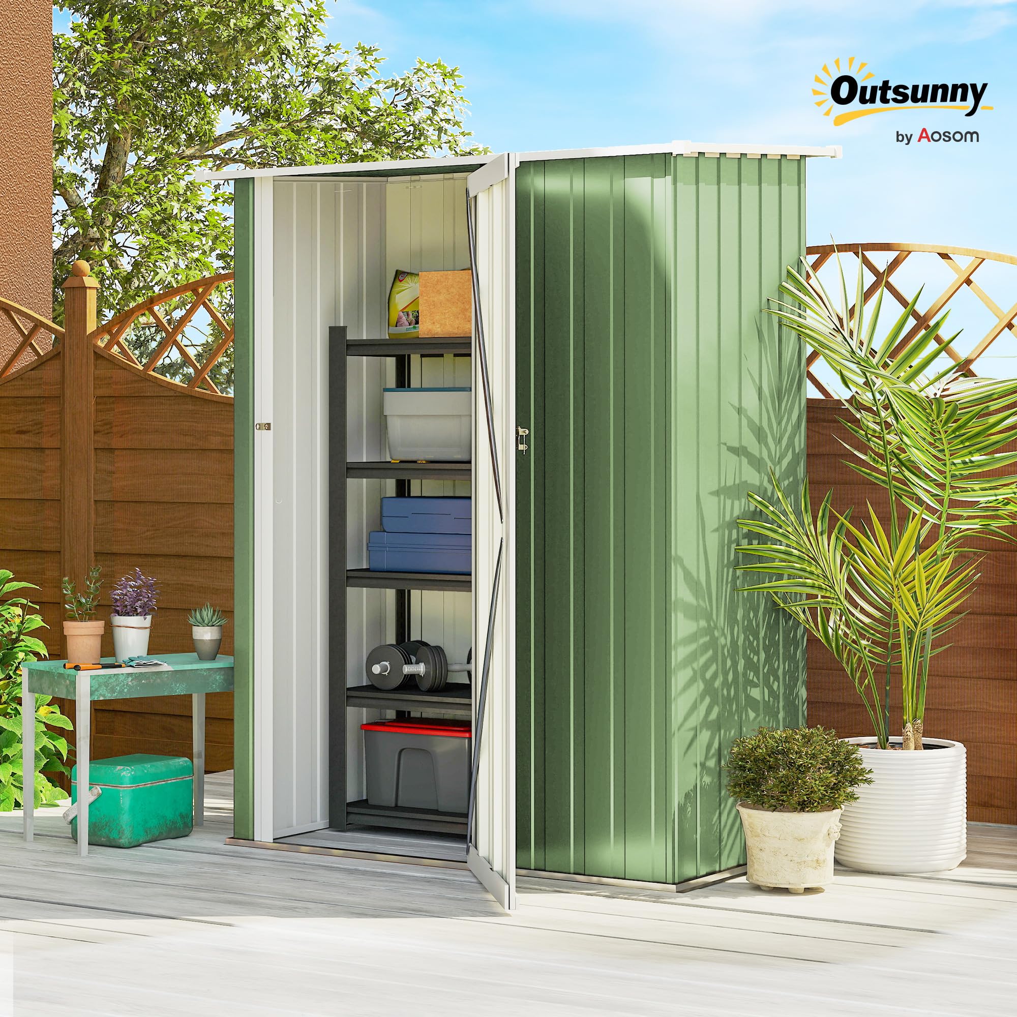 Outsunny Metall Gerätehaus 1,07 m² 142 x 86 x 189 cm Geräteschuppen mit Pultdach abschließbarer Tür wetterfest Grün