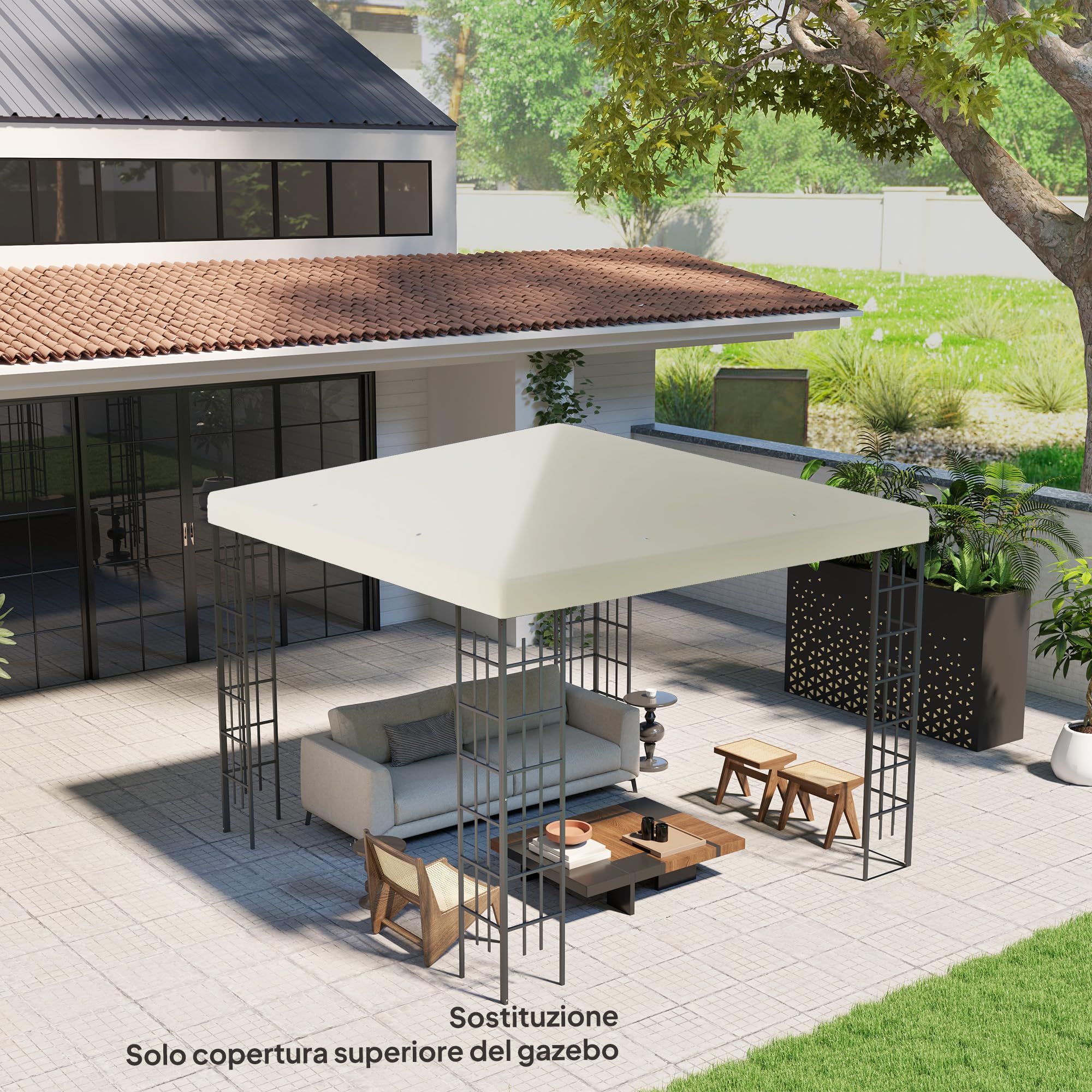 Outsunny Jardín Gazebo Reemplazo Techo 3x3 m, Resistente al agua Gazebo Canopy en 600D Oxford Tela 370g/㎡ Anti-UV 30+ con 8 agujeros de drenaje, Crema blanca.
