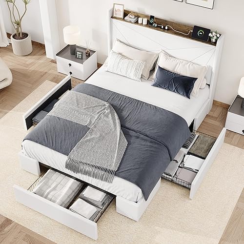 Miniatura 12 de Allewie Marco de cama de terciopelo tamaño completo con 3 cajones de almacenamiento, cama de plataforma tapizada con cabecera de almacenamiento tipo