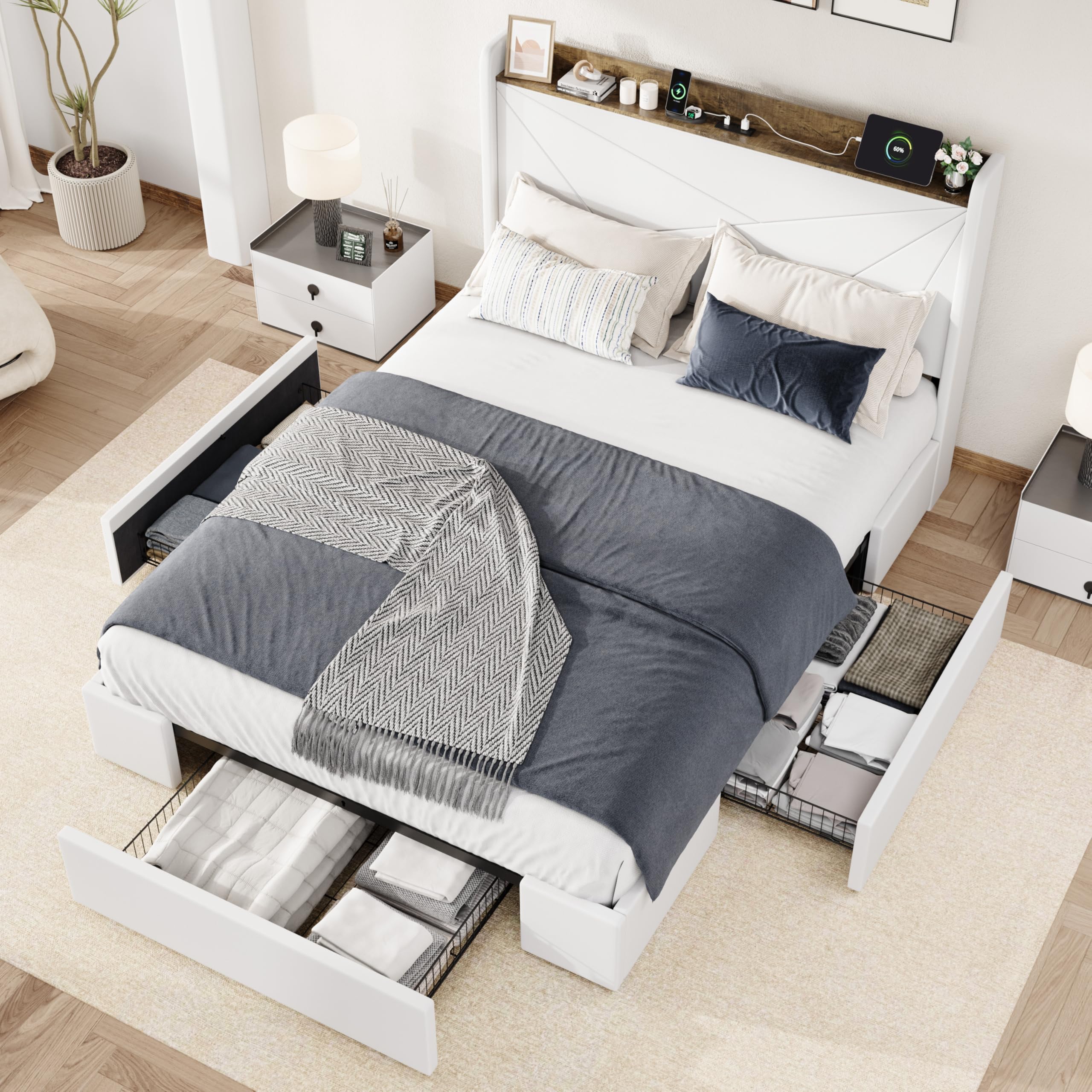 Allewie Queen Size Velvet Bed Frame with 3 Storage Drawers, Upholstered Platform Bed with Wingback Storage Headboard and USB Ports, No Box Spring