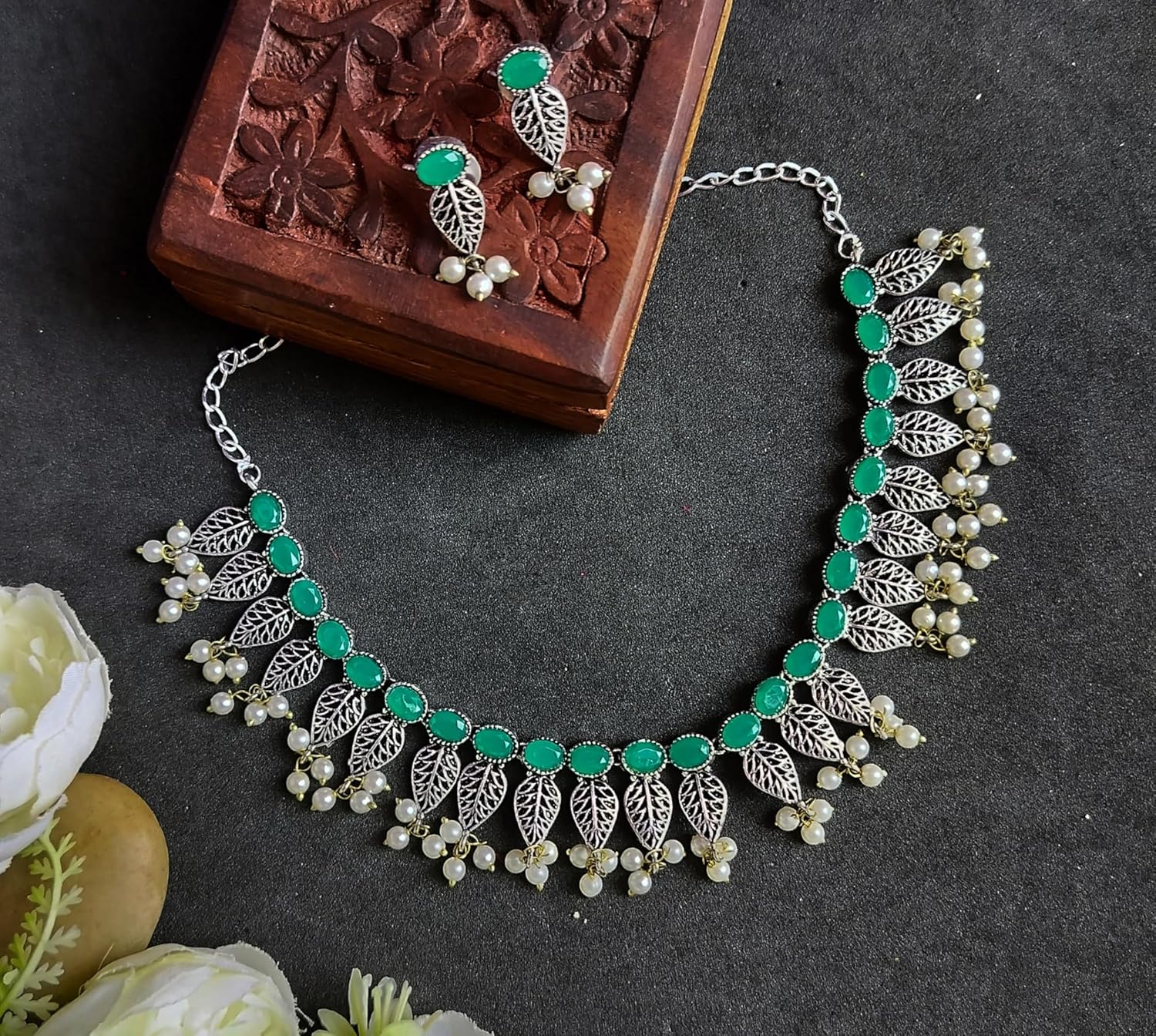 Efulgenz Indian Jewelry Sets for Women Floral Drop Faux Pearl Crystal Stone Necklace Sets with Drop Dangle Earrings Choker Necklace Earrings Set Bohemian Jewelry Set for Women - Image 2