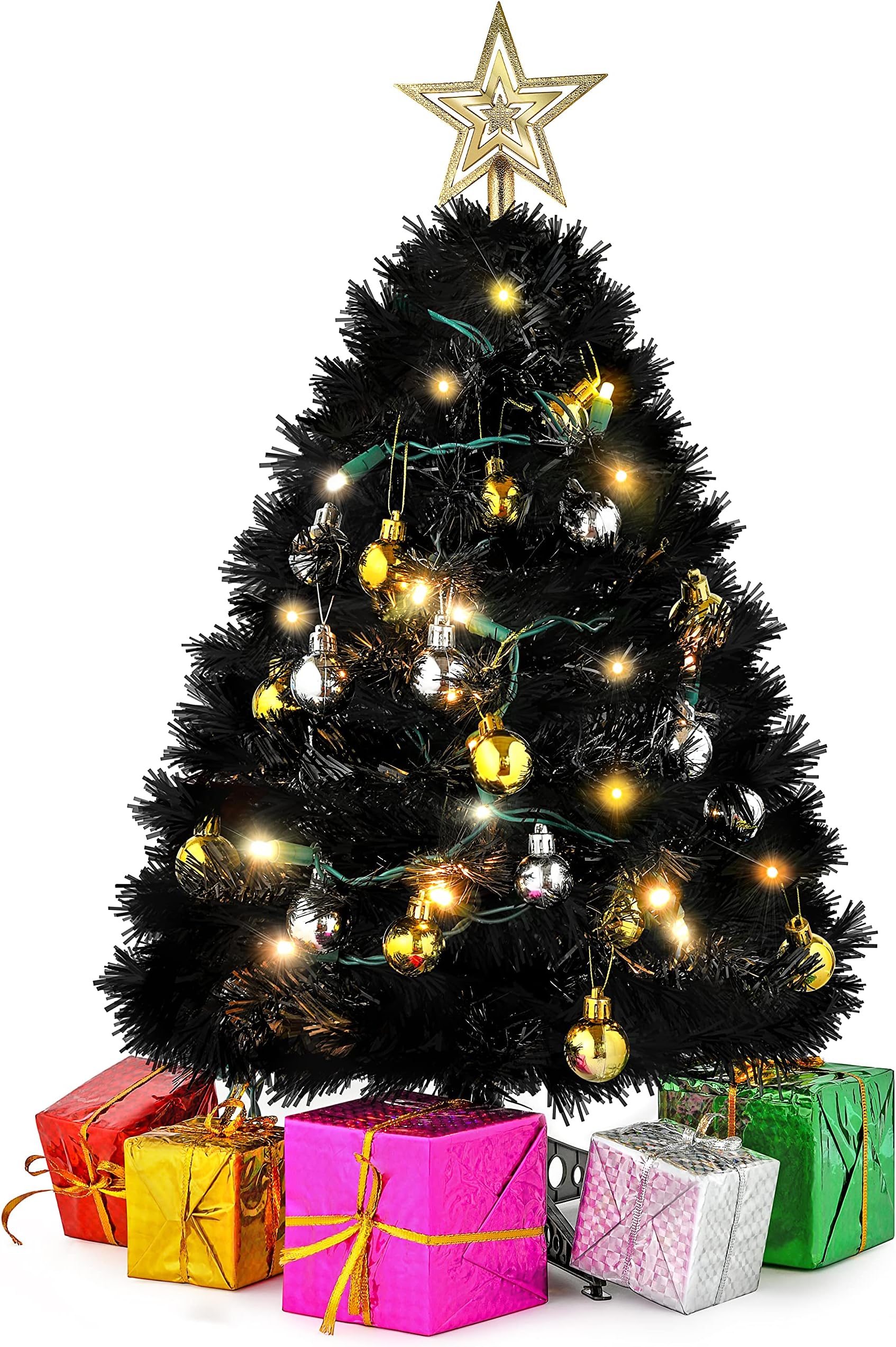 Prextex 23-Inch DIY Tabletop Mini Black Christmas Tree with Warm-White LED Lights, Star Treetop, Decorated Gift Boxes and Hanging Ornaments for DIY Christmas Decoration