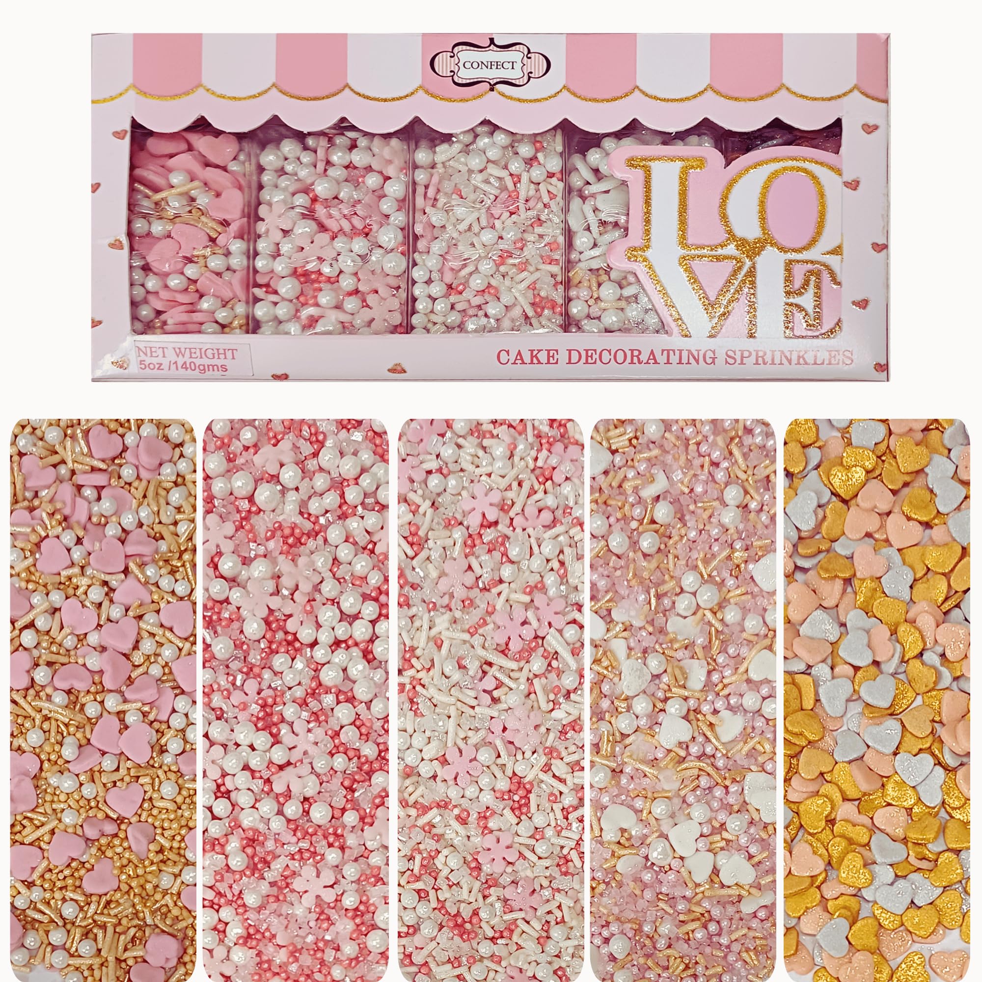 Confect Pink, Silver, Gold and White Pearl Sprinkles, Heart Sprinkles, Cookie Sprinkles, Birthday & Celebration Sprinkles, Edible Sprinkles Mix Pack of 5 - 140gms