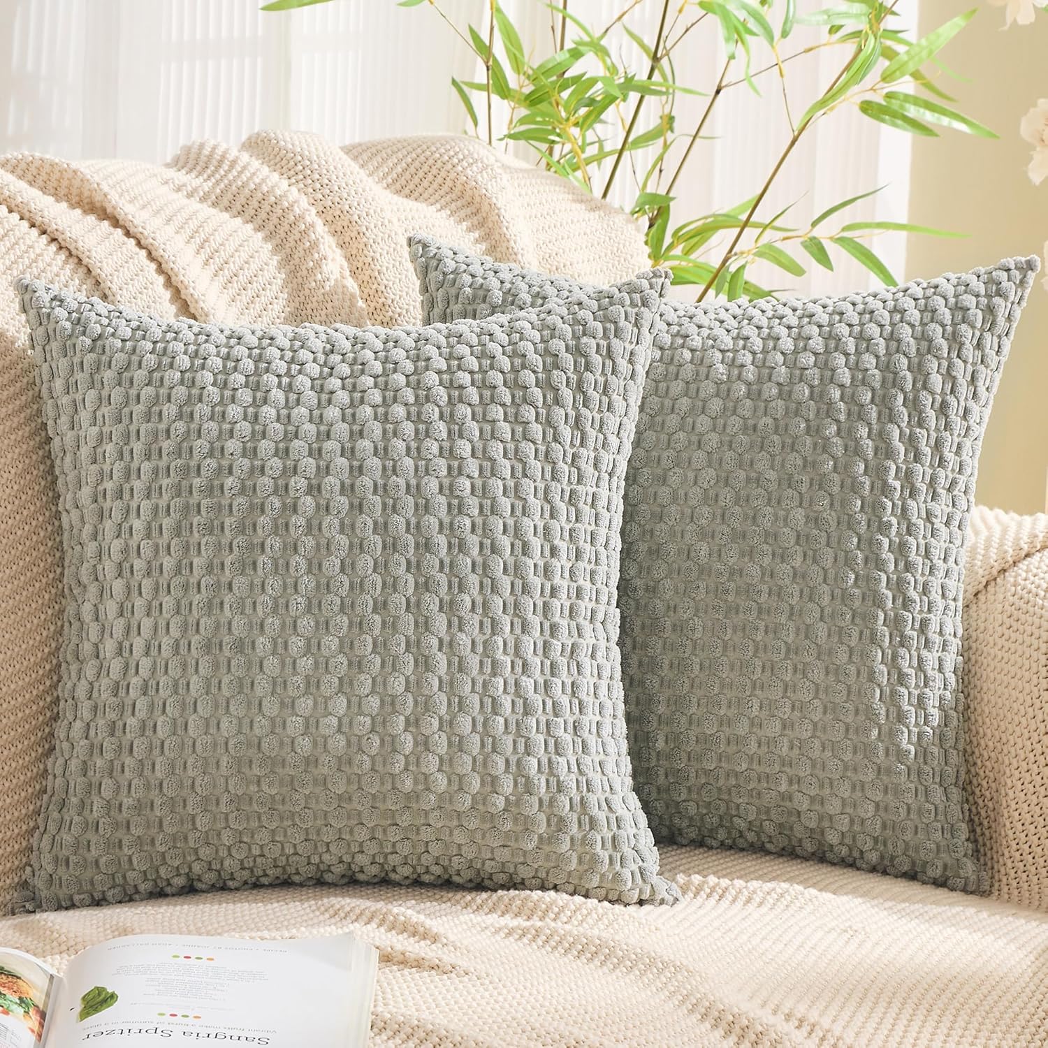 GAWAMAY Decorative Throw Pillow Covers 26x26 Inch Set of 2 for Living Room Couch Bed Sofa, Farmhouse Square Cushion Cover Soft Striped Corduroy Pillow Cases Boho Accent Home Decor (66x66cm) Light Grey