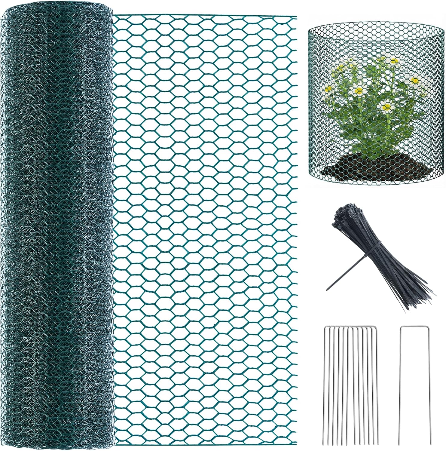 16In x 49.2Ft Plant Protectors from Animals, Wire Plant Cages for Outdoor Plants Chicken Wire Garden Protection from Animals Plant Fence Protectors to Keep Animals Out with Ground Stakes & Nylon Ties