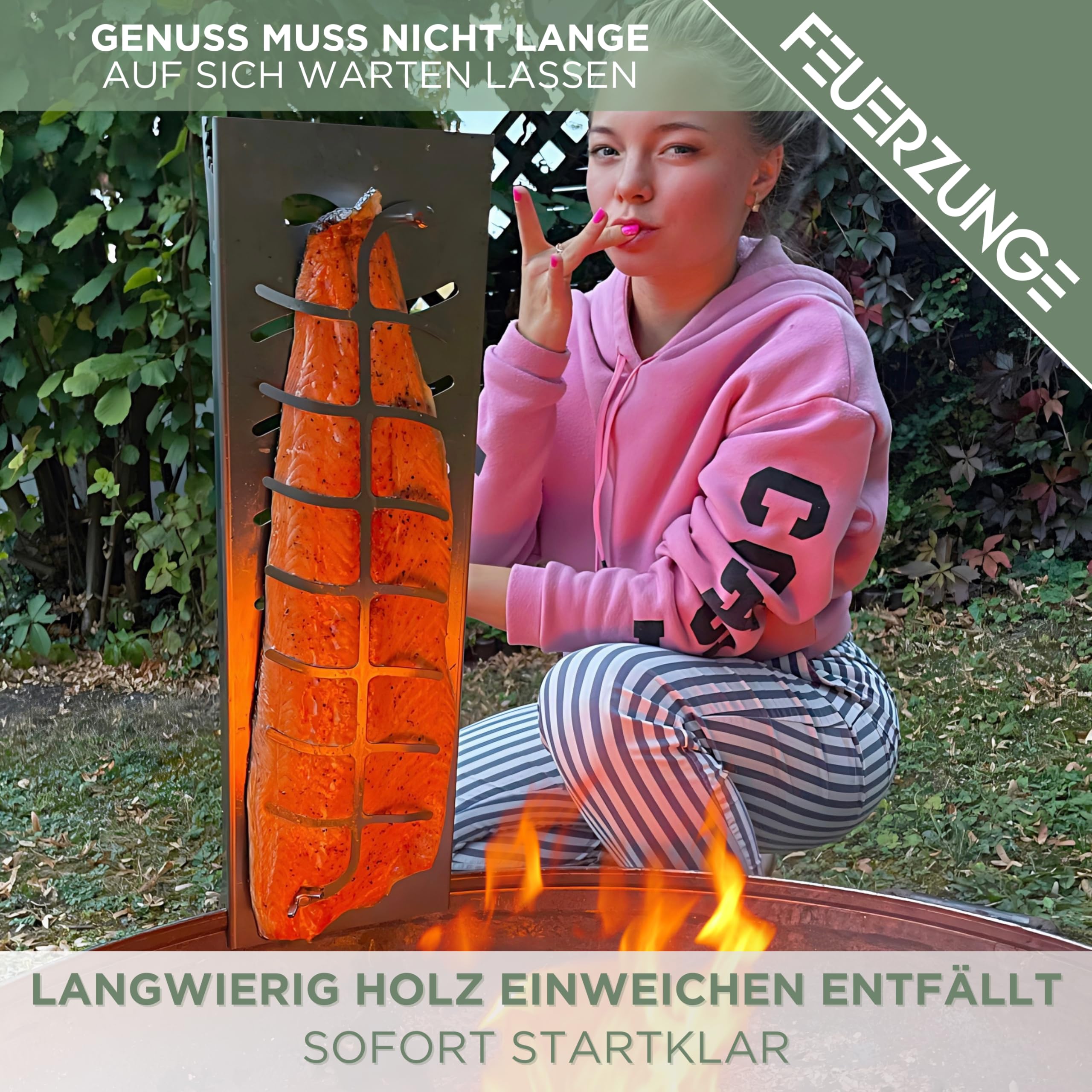 Flammlachsbrett aus Edelstahl - Extra Groß - Lachsfilets bis 60cm - 180° Wendbar & mit 5 stufiger Halterung - Feuerschalen Zubehör