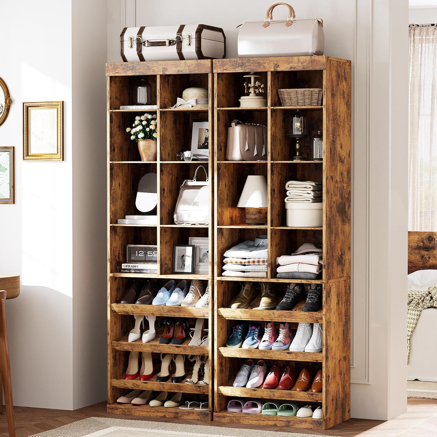 IRONCK Closet Shoe Organizer Cabinet with Shelves and Cubbies, Narrow Footwear Shoe Rack Storage Organizer for Closet for Bedroom, Entryway, Mudroom, Vintage Brown