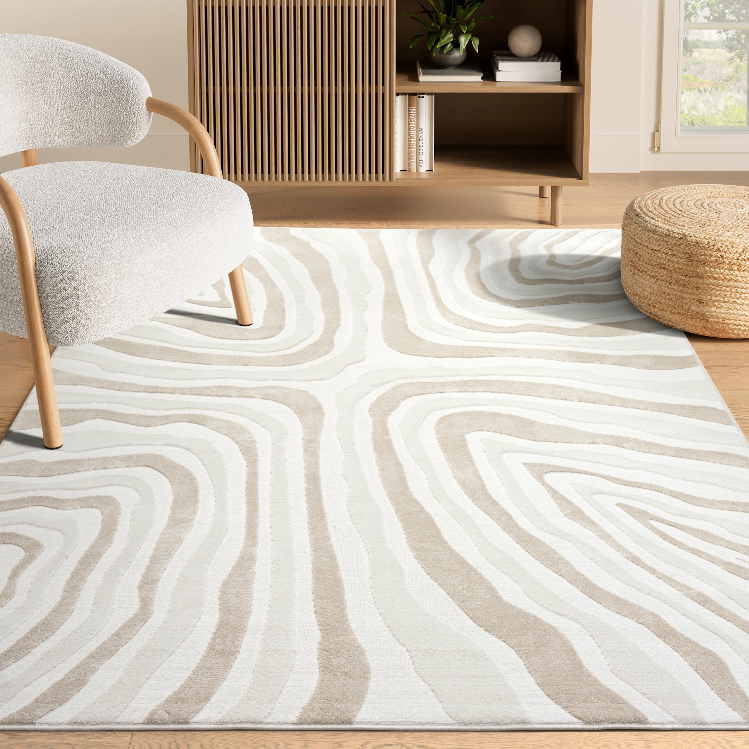 Abani Beige Area Rug - 5' x 8' - Living Room & Bedroom - Abstract Wave Design - Indoor Use - Easy to Clean, Stain Resistant, Non-Shedding - Neutral