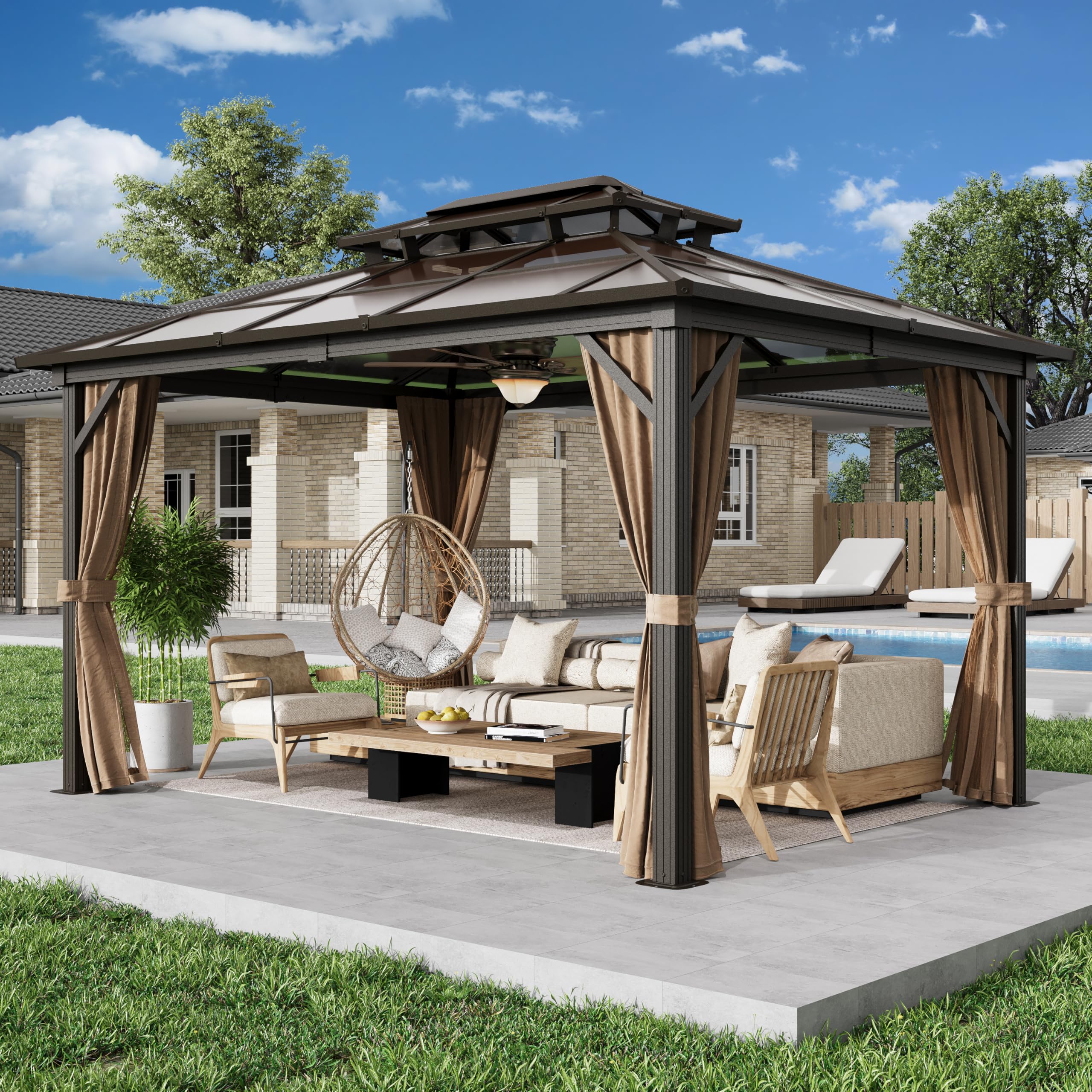 EROMMY 10' x 13' Gazebo Polycarbonate Double Roof Canopy Outdoor Aluminum Frame Pergola, Permanent Pavilion with Netting and Curtains for Garden Patio Lawns Parties