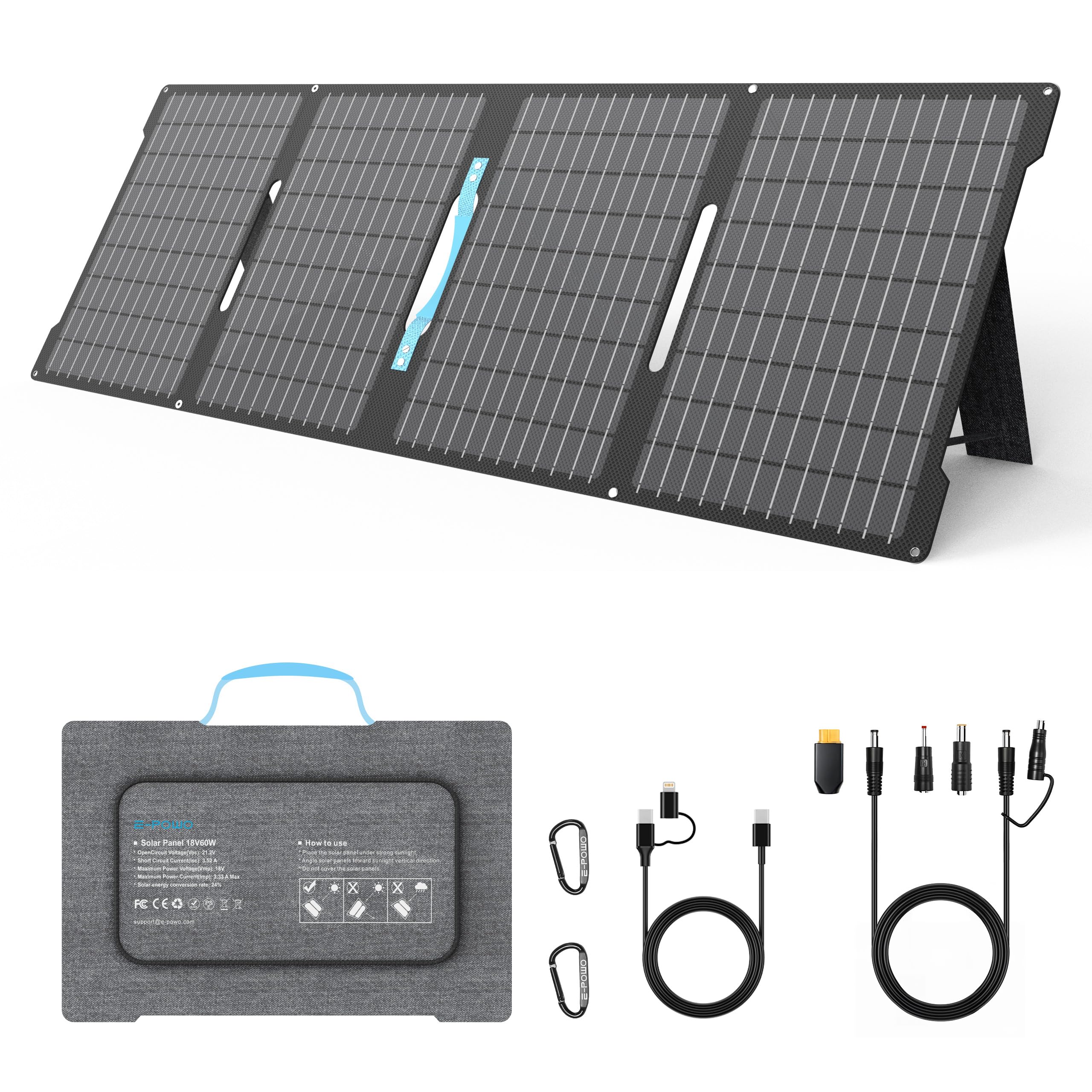 60W Faltbares Solarladegerät Tragbar, Monokristallin mit 24% Wirkungsgrad, IP67 Wasserdicht, 3 Ausgänge (USB-C PD, QC3.0, DC) für Outdoor Camping - Kompatibel mit Laptop, Powerbank, Smartphone
