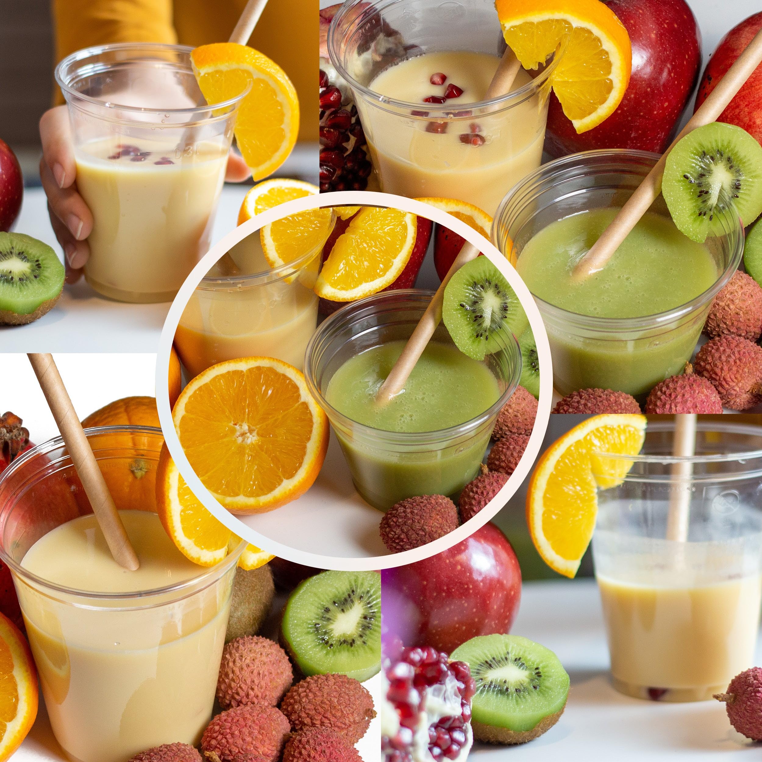 Commerline 50 Stück Smoothiebecher 300 ml mit Domdeckel + Rundloch, Smoothie Plastik Becher to go Plastikbecher, Trinkbecher Partybecher Kunststoffbecher, Smoothiesbecher