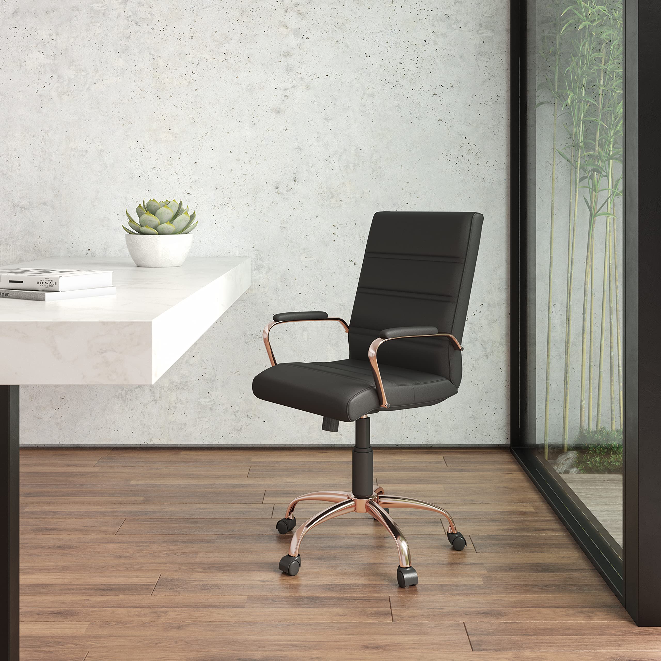 EMMA + OLIVER Mid-Back Black LeatherSoft Executive Swivel Office Chair - Rose Gold Frame/Arms