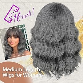 Nnzes Wig Bangs Dark Salt and Pepper Short Wavy Hair for Women Natural Looking Heat Resistant Bob Wigs with Synthetic Wig for Daily Party Use