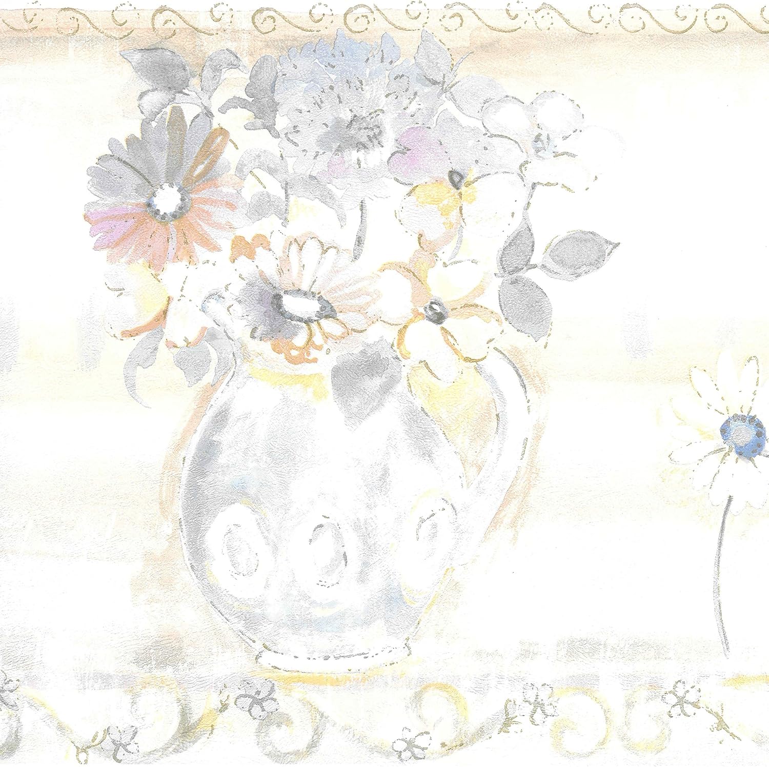 Dundee Deco BD6044 Prepasted Wallpaper Border - Floral Pink, Yellow, Blue, Green Pastel Flowers in Vases Wall Border Retro Design, 15 ft x 10.5 in (4.57m x 26.67cm)