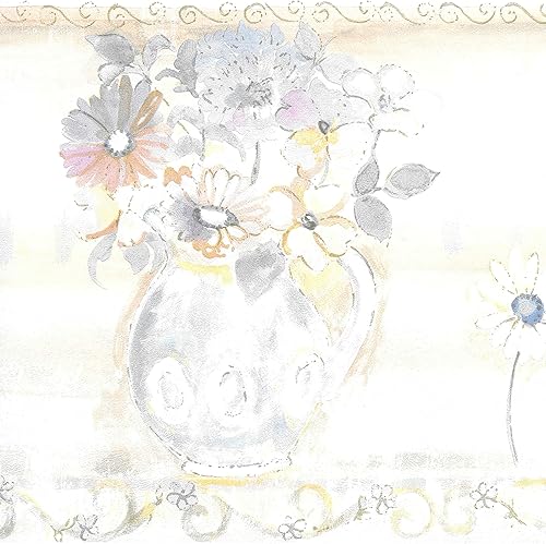 Dundee Deco BD6044 - Borde de papel tapiz prepegado, flores florales rosas, amarillas, azules, verdes, pastel en jarrones, diseño retro, 15 pies x