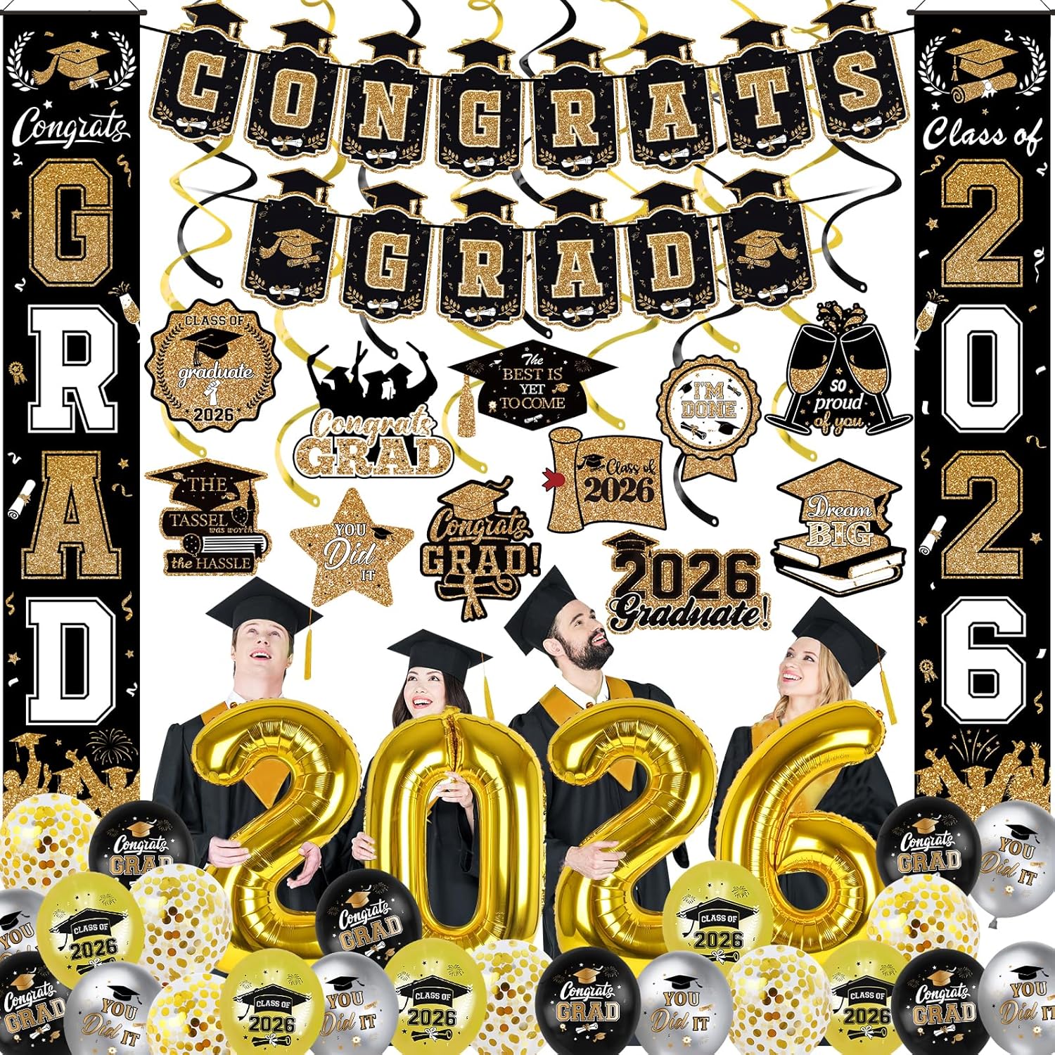38Pcs Red and Black 2026 Graduation Decorations Set - Congrats Grad Banner, Grad Hanging Swirls, 2026 Porch Banner and Foil Balloons for 2026 Graduation Party Decorations Red and Black