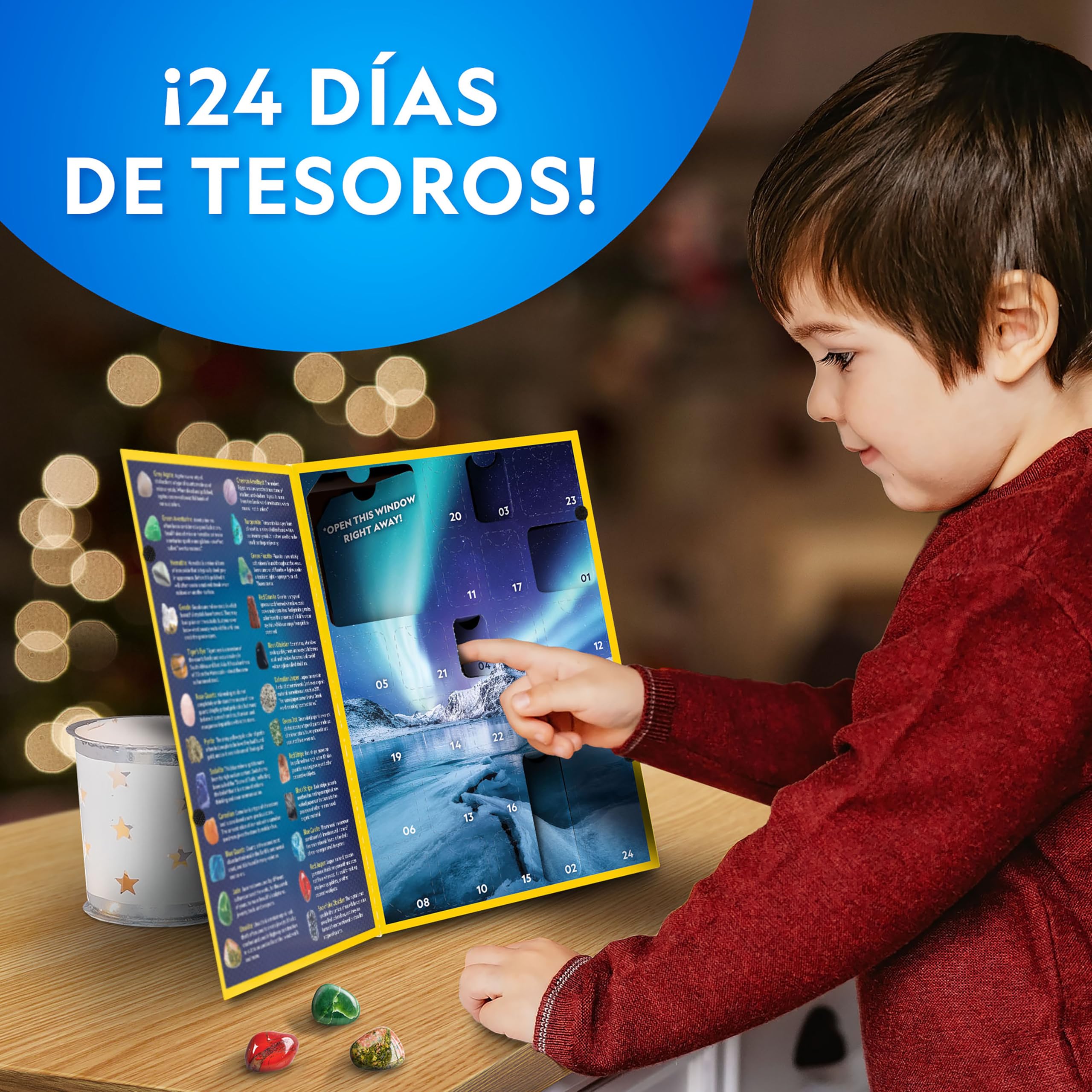 NATIONAL GEOGRAPHIC 2025 Calendario de Adviento de Gemas - Calendario para Niños con 24 Gemas para Abrir Cada Día, Colección de Rocas, Cuenta Atrás de Navidad con Mini Kit de Excavación de Gemas