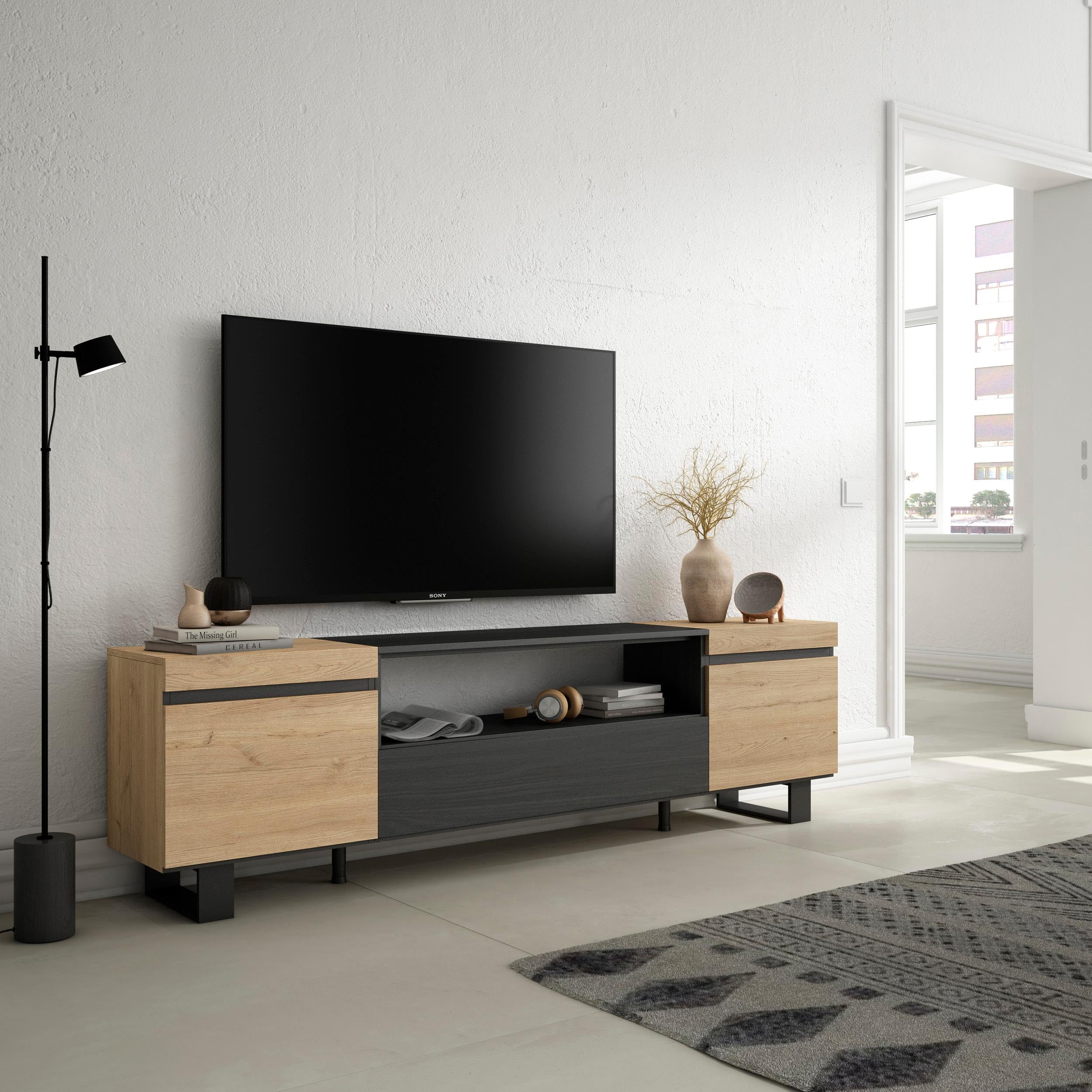 Skraut Home | Mueble TV | Televisión | Muebles de salón, almacenaje | 200x57x35cm | para TV hasta 80" | Diseño Industrial | Estilo Moderno | Roble y Negro