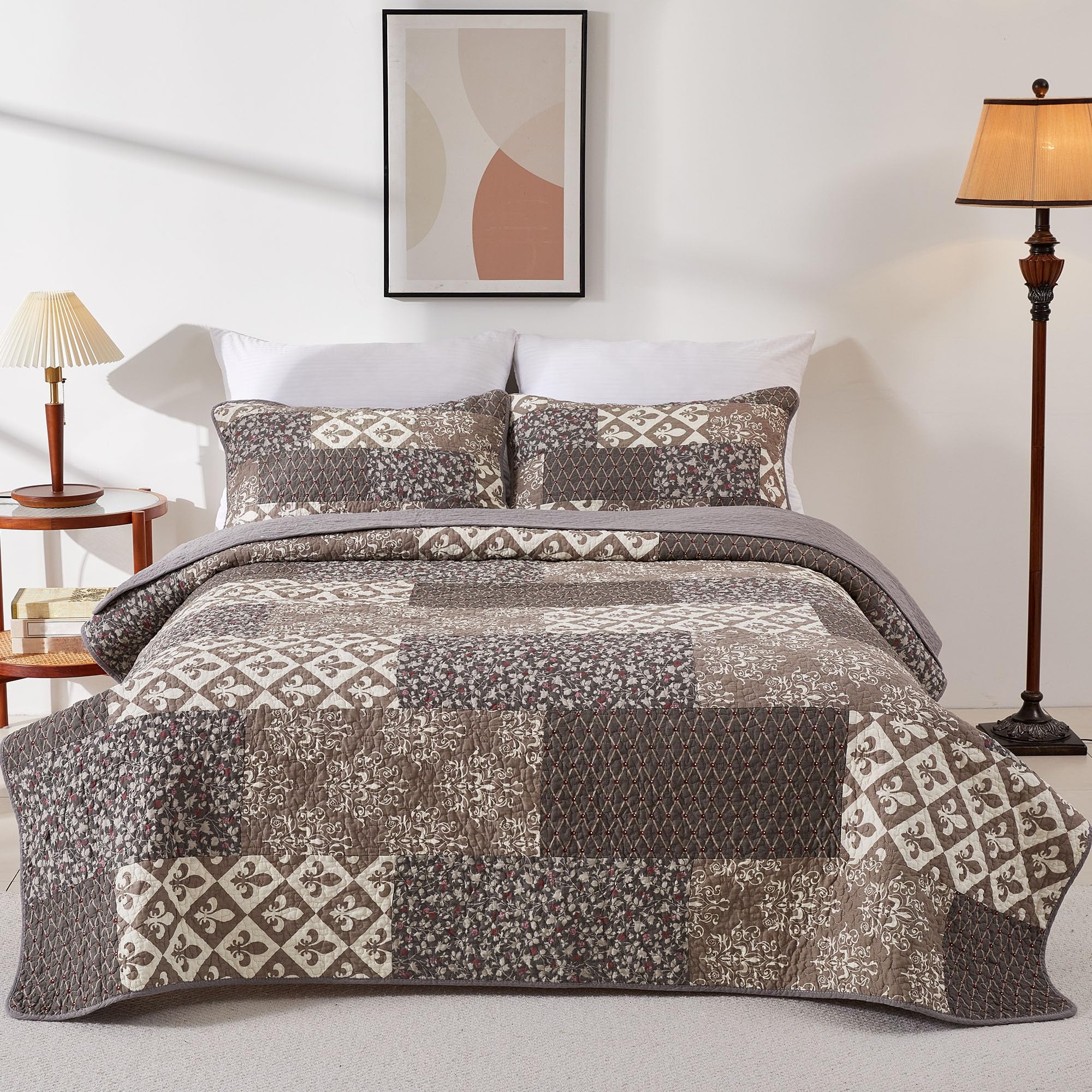 Vintage Quilt Sets Bedspread Set 100% Cotton Real Patchwork Bedding Set, All Season Use Lightweight Reversible Coverlet Quilts with 2 Pillow Shams(Grey Queen 92"x96")