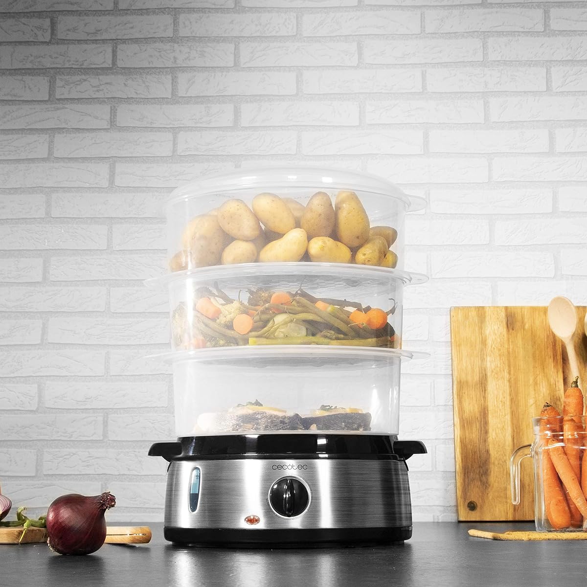 Cecotec Vapovita 3000 Stainless Steel Electric Steamer, 3 Independent Containers, Bowl to Prepare Rice, Stands for Boiling Eggs, 60 Minutes Timer, 2 Side Water Inlets, Grey, 800 W