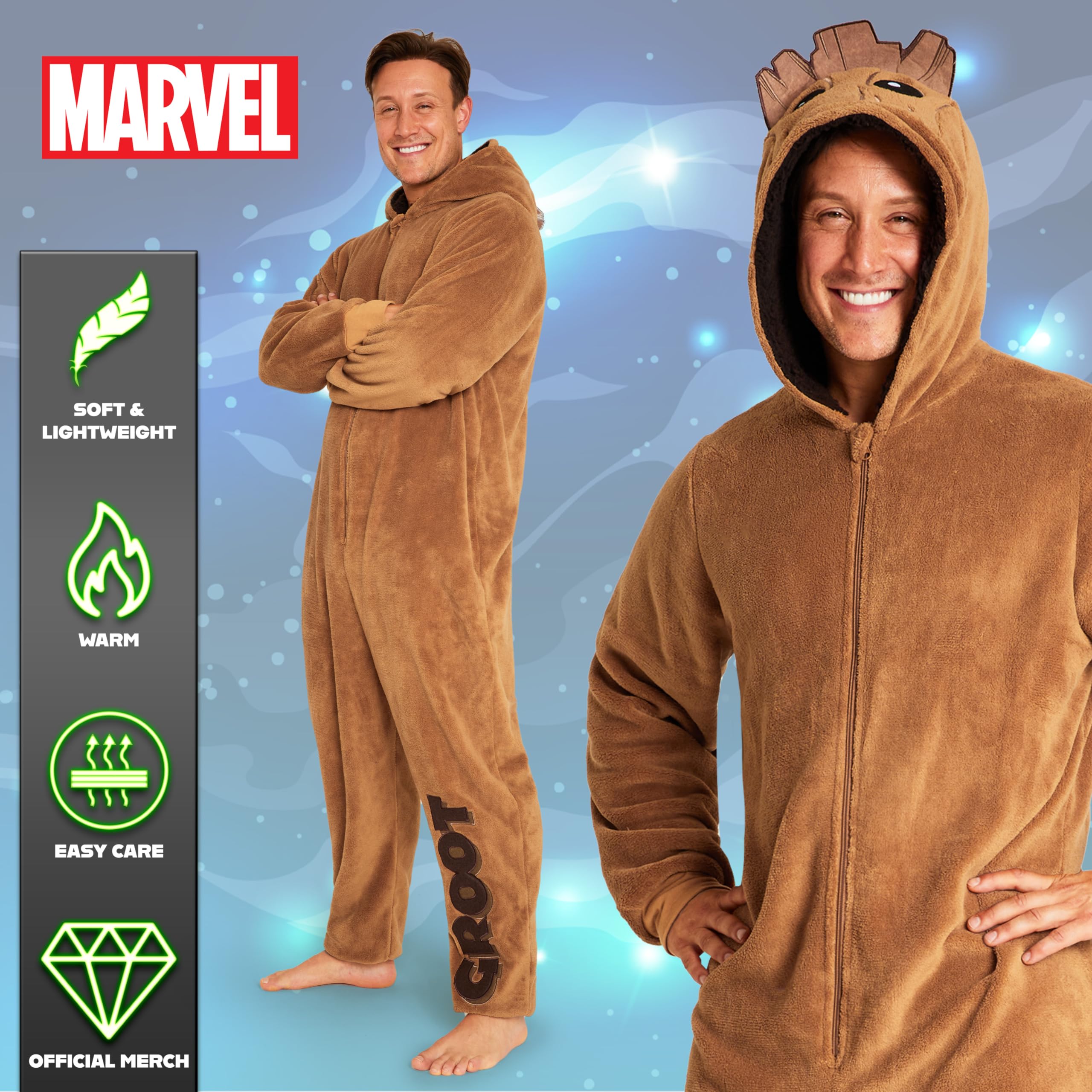 Marvel Męski kombinezon piżamowy - Polarowy kombinezon dla dorosłych - Onesie dla dorosłych humorystyczny nastolatek Groot Avengers S - XXXL, Brązowy, XXL
