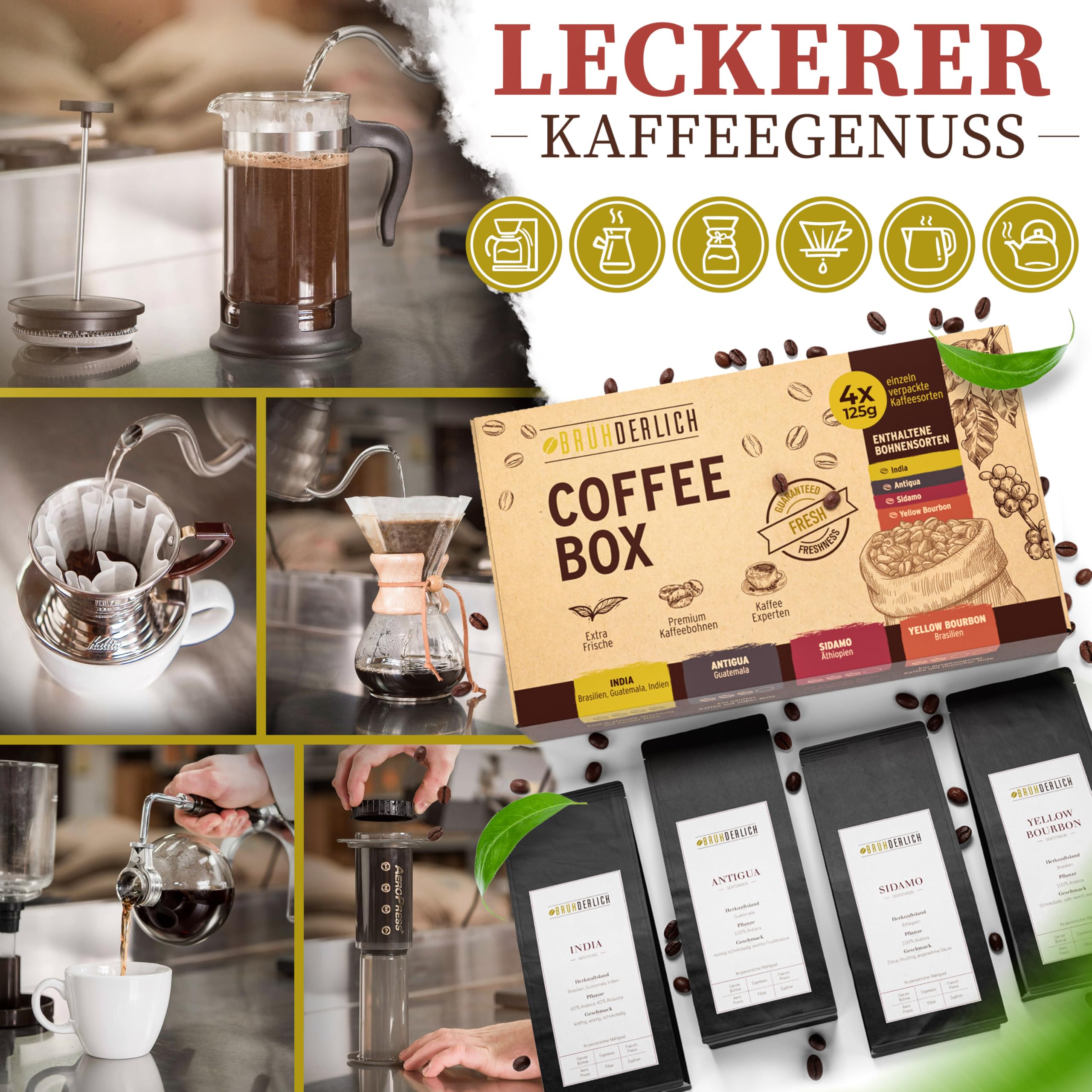 BRÜHDERLICH Kaffee Geschenkset 500g (4×125g) ganze Bohnen Premium Arabica Coffee Beans Geschenk für Kaffeeliebhaber