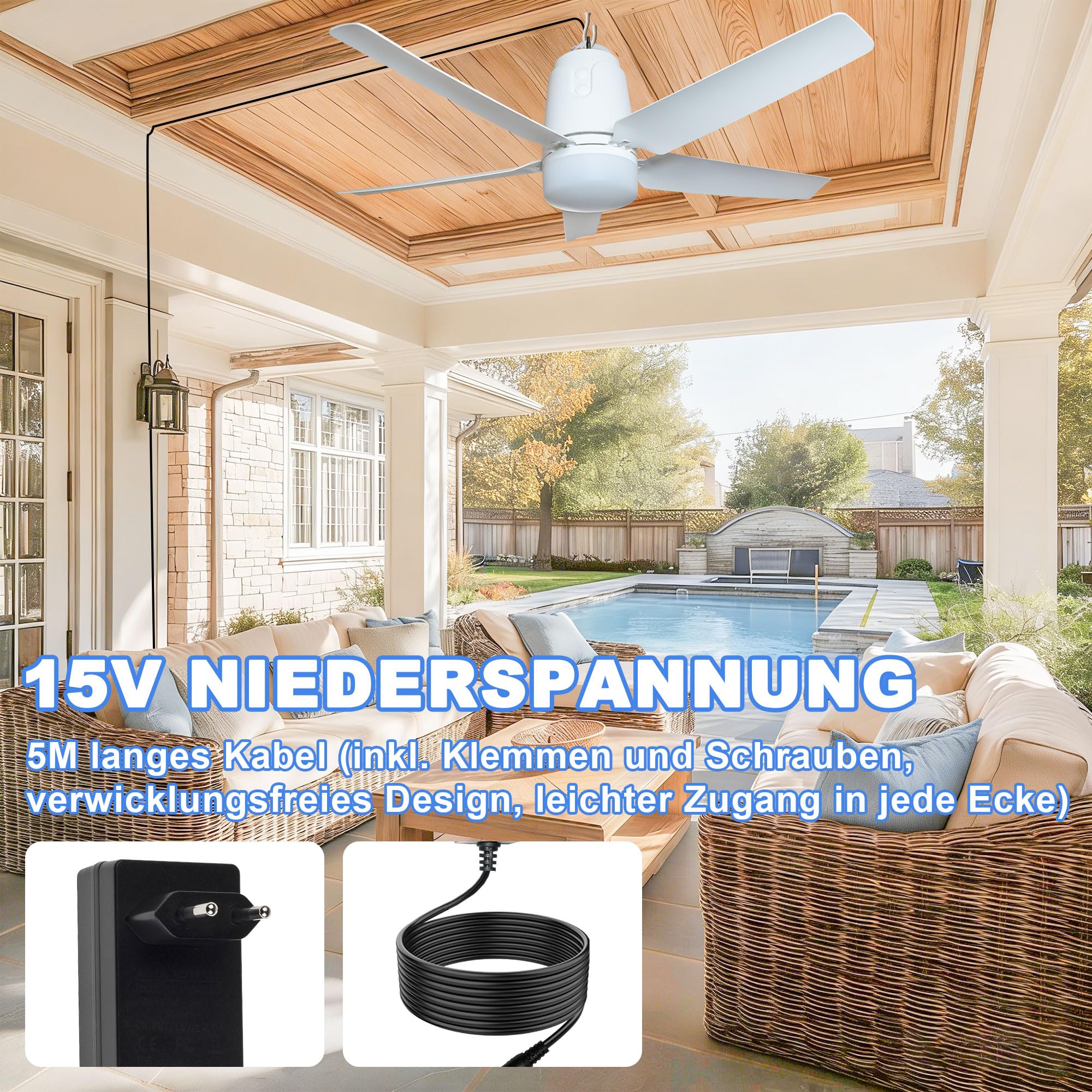 SHUNLEE 80CM Deckenventilator Outdoor mit Beleuchtung und Stecker | Fernbedienung und Leise, Mobiler Ventilator Lampe für Terrasse, Ceiling, Pavillon, Wohnzimmer
