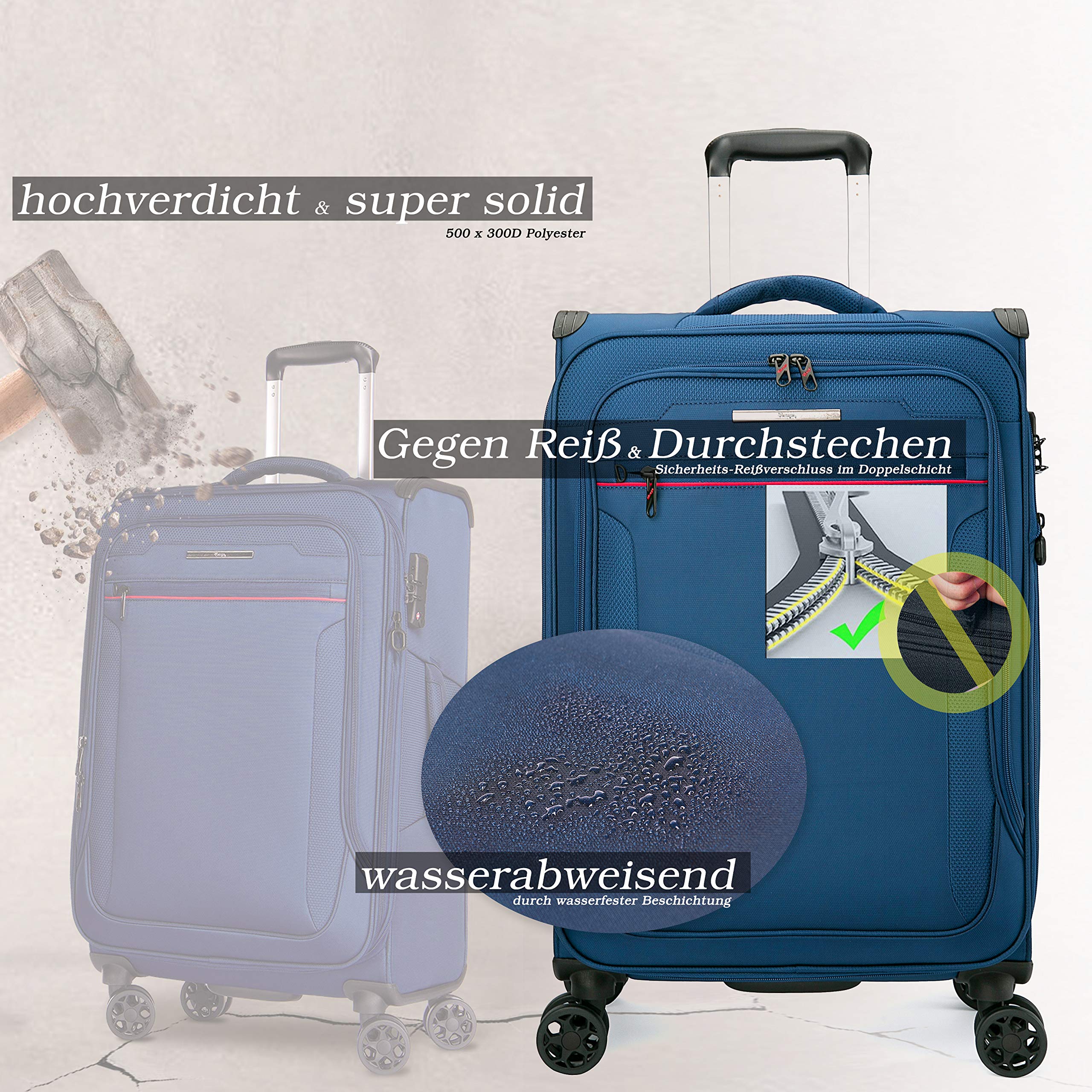 Verage Toledo Weichgepäck 4 Doppelrolle großer Koffer Trolley L-83cm 96-115 L erweiterbar, TSA-Schloss, Weichschale-Reisekoffer Blau