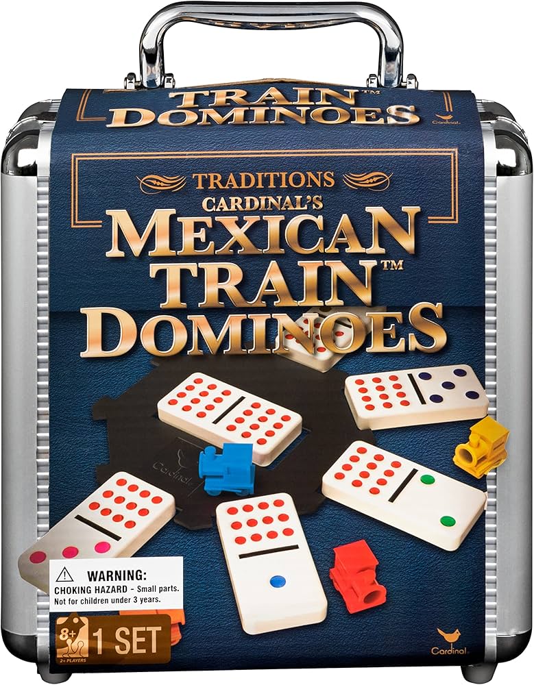 Mexican Train Dominoes Set Tile Board Game in Aluminum Carry Case with Colorful Trains for Family Game Night, for Adults and Kids Ages 8 and up