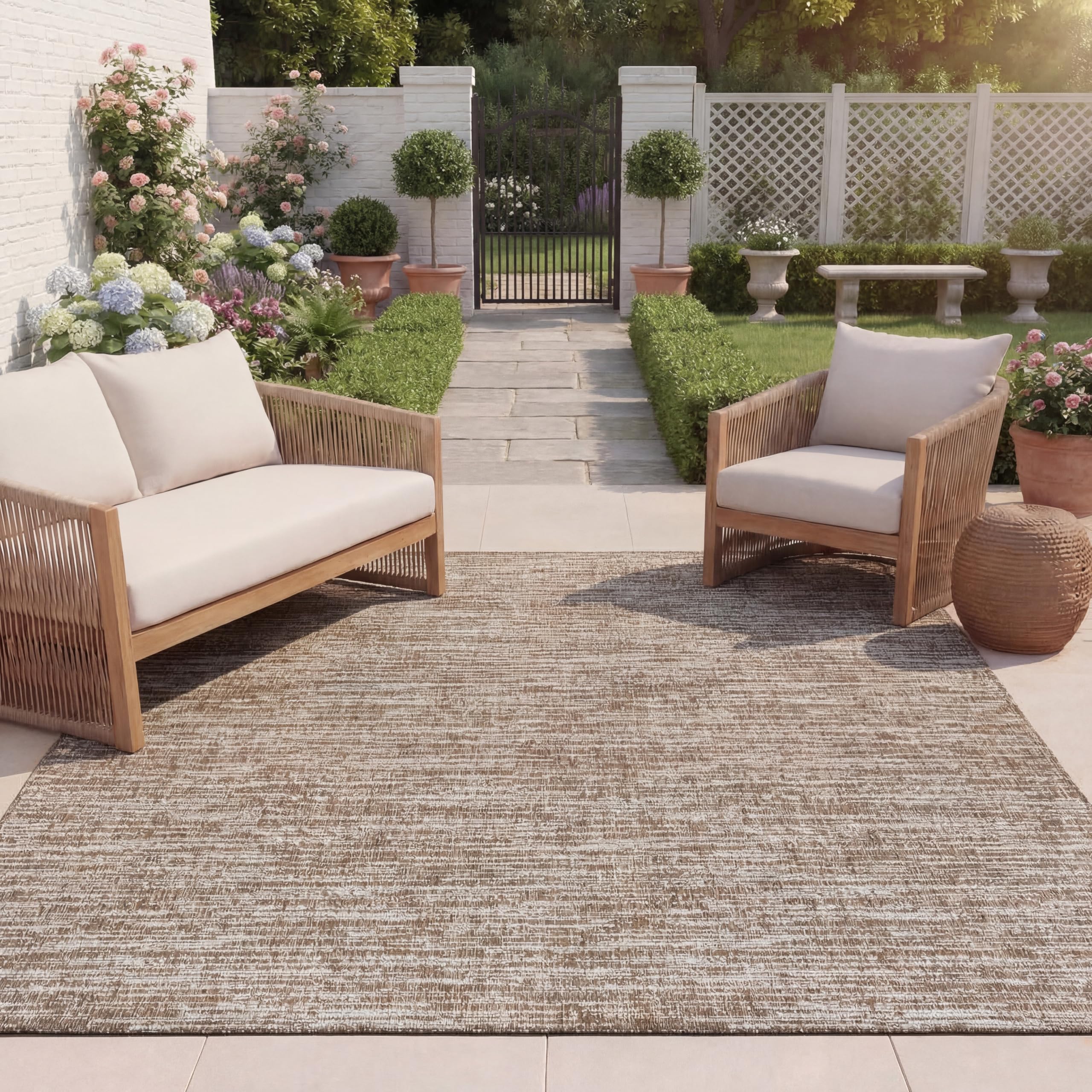 SAFAVIEH Outdoor Area Rug 9x12 - Beach House Collection - Large - Modern Design, Brown & Ivory, Weather Resistant, Non-Shedding & Easy Cleaning, Ideal