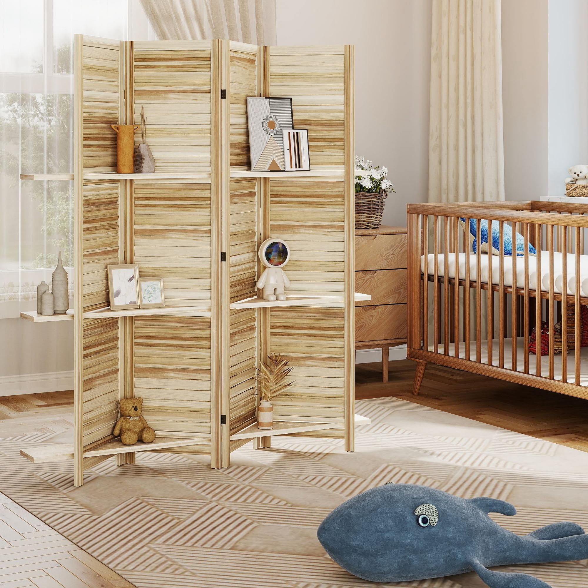 HOMCOM Paravent Intérieur en Bois 4 Panneaux 160 x 170 cm Bois Naturel | Séparateur de Pièce Pliable avec 3 Étagères, Cloison de Séparation, Salon, Chambre à Coucher, Maison