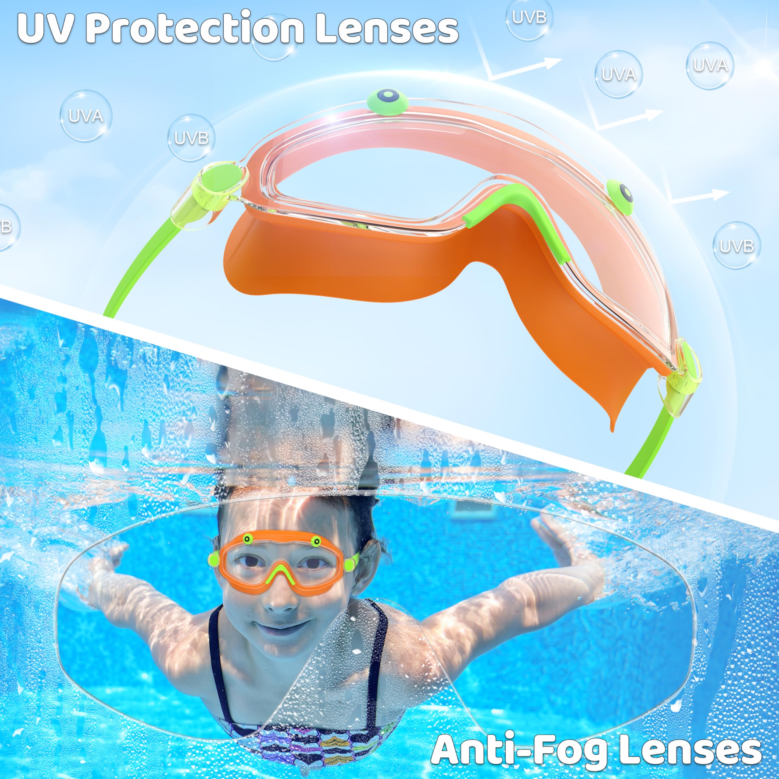 Gafas Natación Niño Amplias Anti-Vaho, Protección UV, Ajuste 1 Toque, Sello Silicona, Unisex Niños 3-10 Años