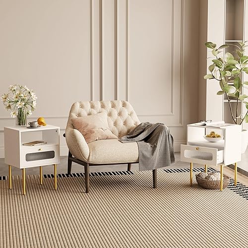 Miniatura 3 de Mesita de noche, mesa auxiliar moderna blanca con cajón de almacenamiento y estante de madera abierto, mesa auxiliar pequeña con puerta decorativa