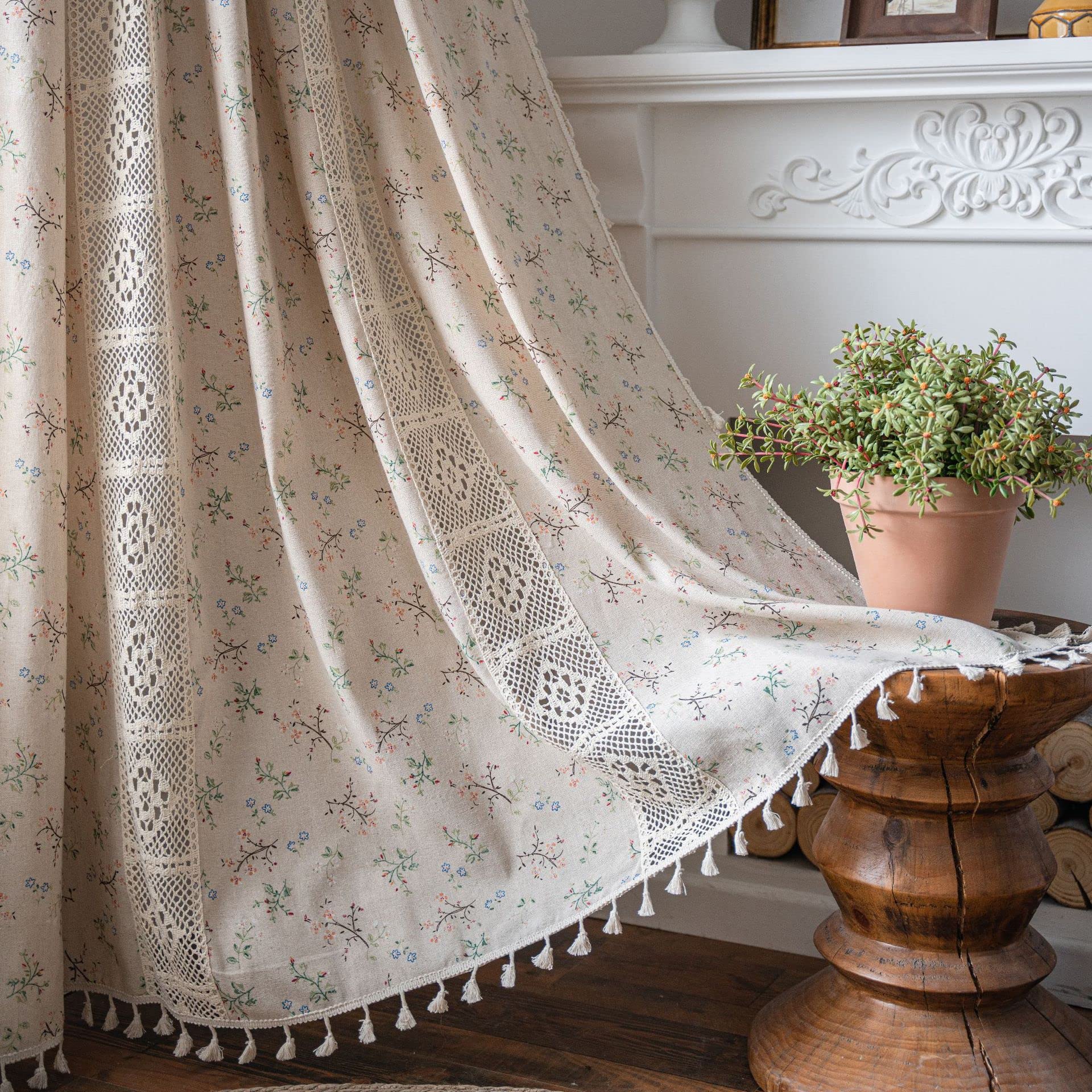 Plancholo Boho Floral Curtain 87 Inches Long Crochet Lace Patchwork Drape Semi-Sheer Bohemian Tassel Rod Pocket Window Curtain Panel for Living Room Bedroom (Beige, 59" W x 87" L, 1 Panel)