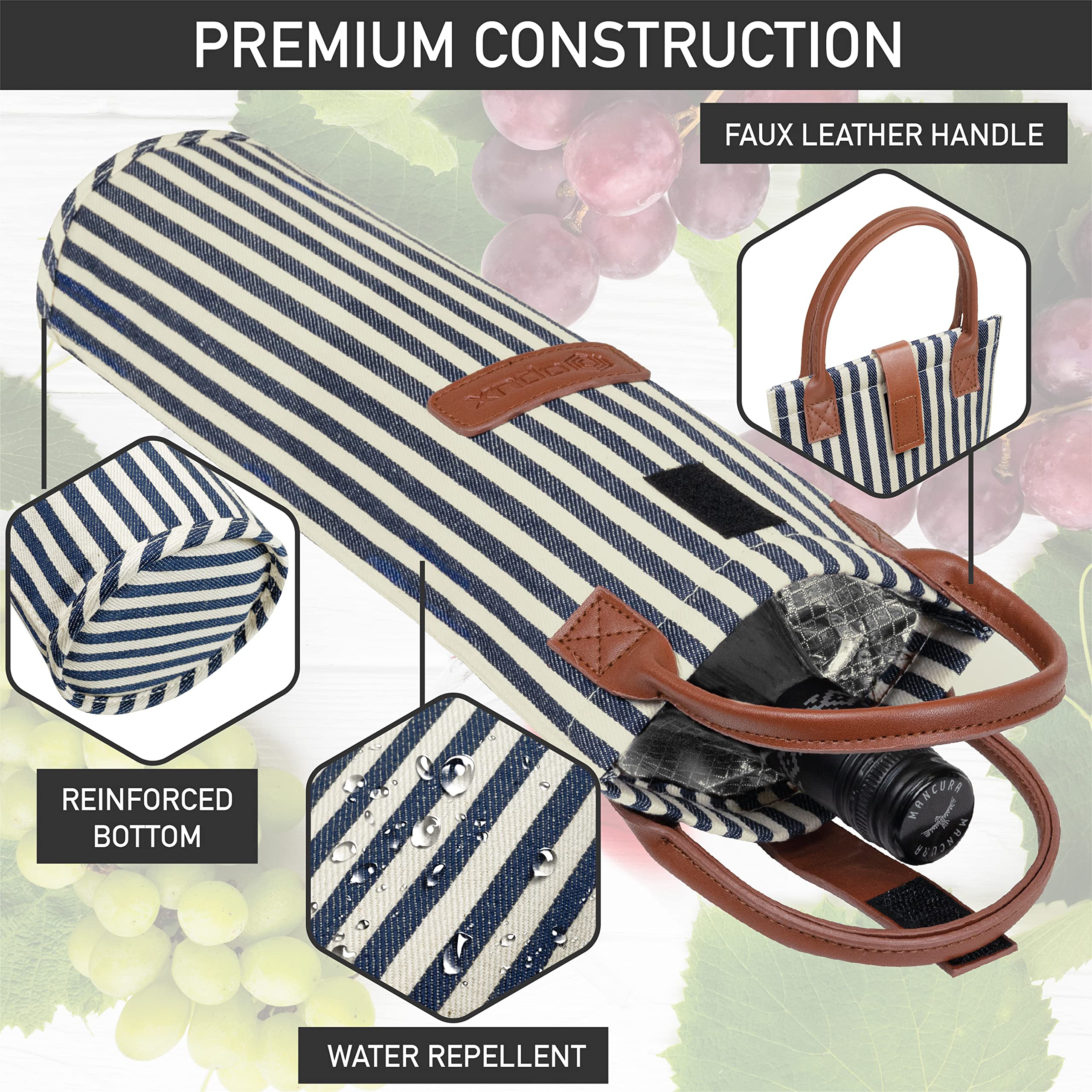 OPUX Bolsa de vino para una sola botella, bolsa térmica de viaje para picnic, playa, regalo, térmica, acolchada, portátil, para mujeres, hombres, amantes del vino, rayas blancas y azul marino