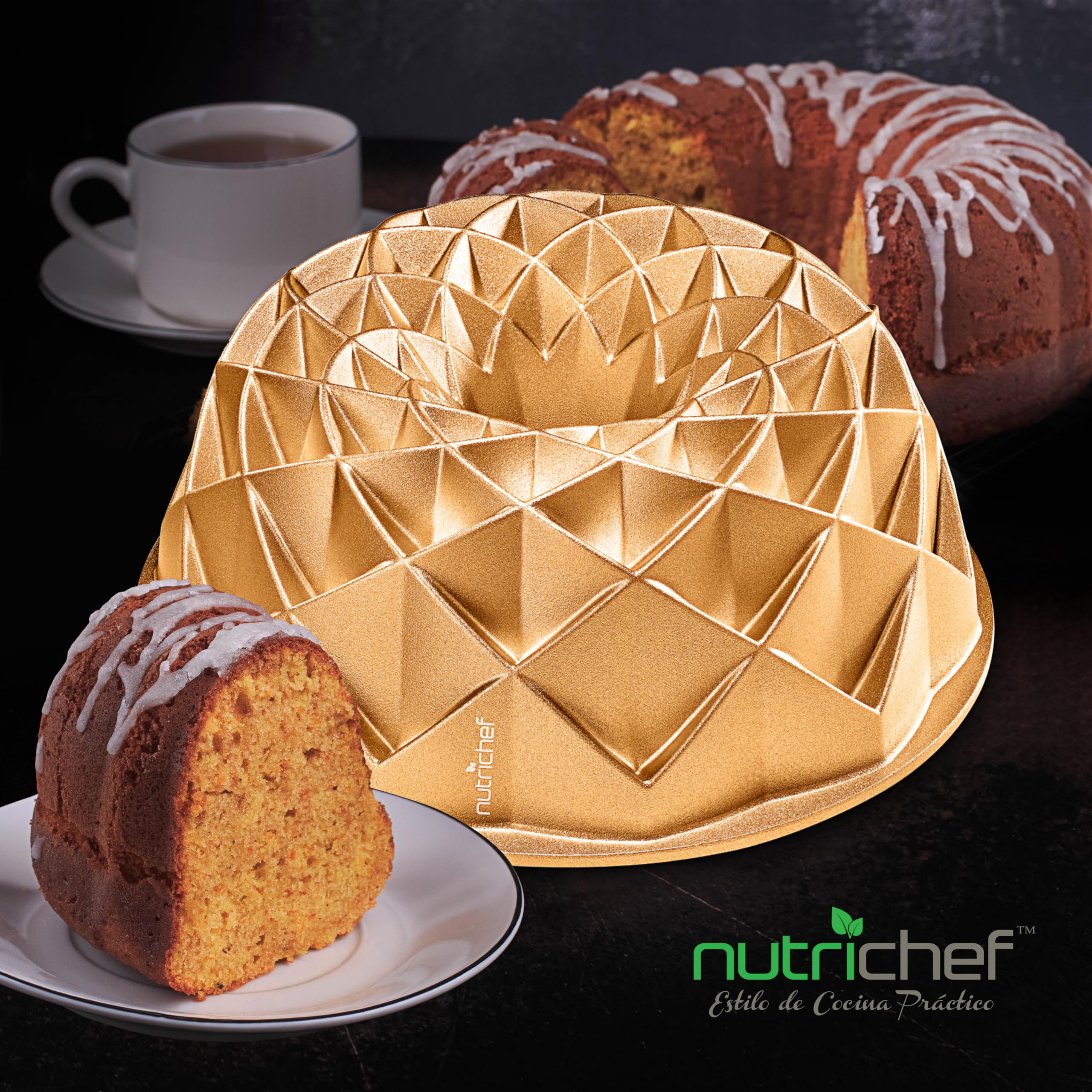 NutriChef molde bundt redondo antiadherente, Aluminio fundido, 23 cms, Diseño aro francés, Bandeja para horno, Bizcochos y tartas, Repostería casera, Cocción uniforme, Fácil de limpiar