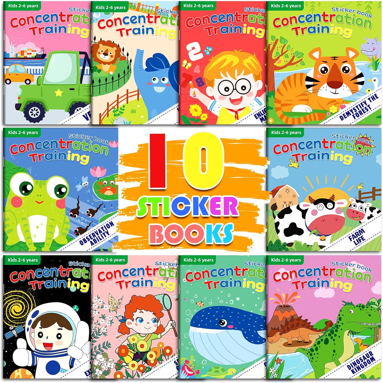 10 Sets Sticker Books, Educational Learning Sticker Book for Kids 24