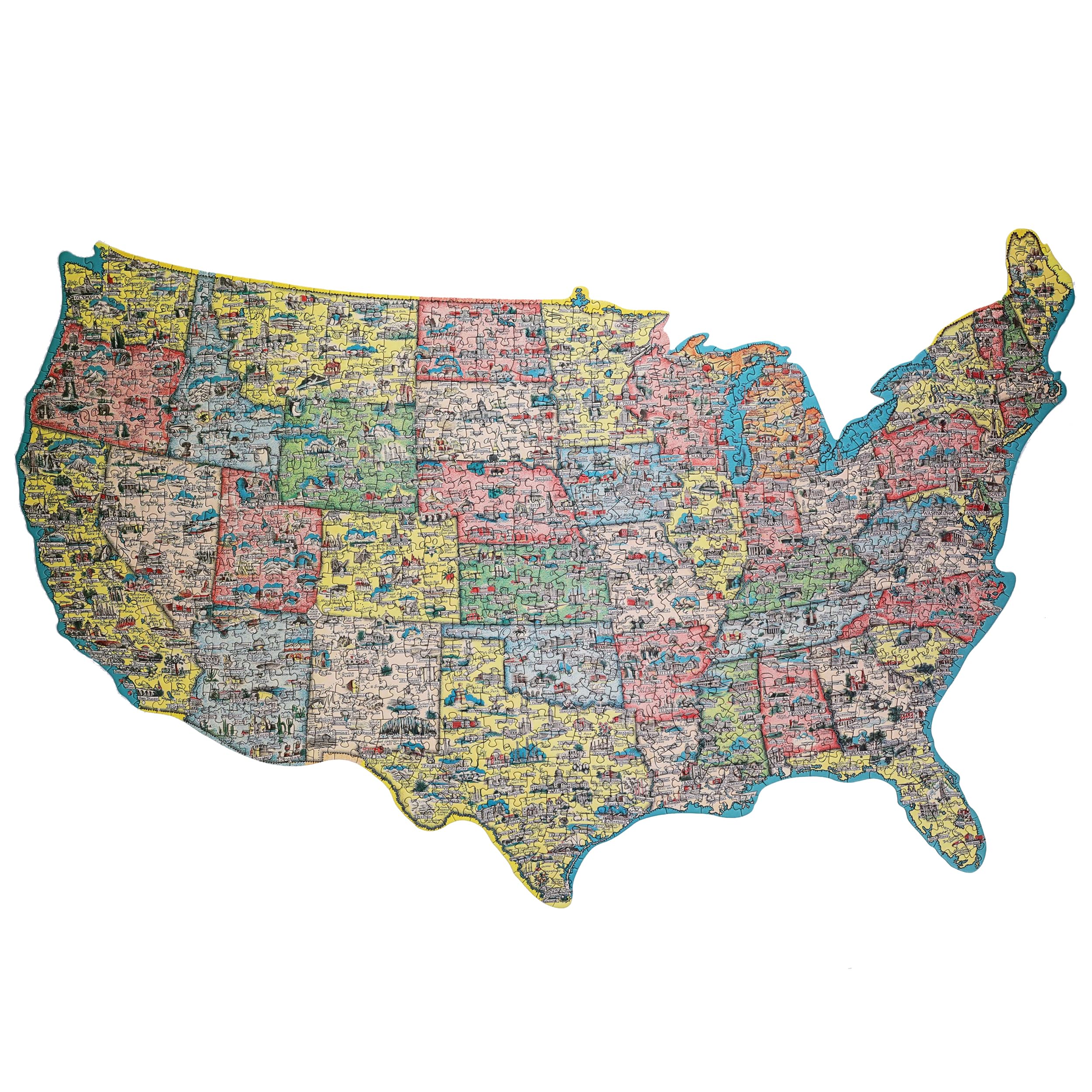 TDC Games USA Shaped Jigsaw Puzzle - America the Wonderland - 1940's Pictorial Map of the United States, Puzzles for Adults 1000 pieces, 31 inches long