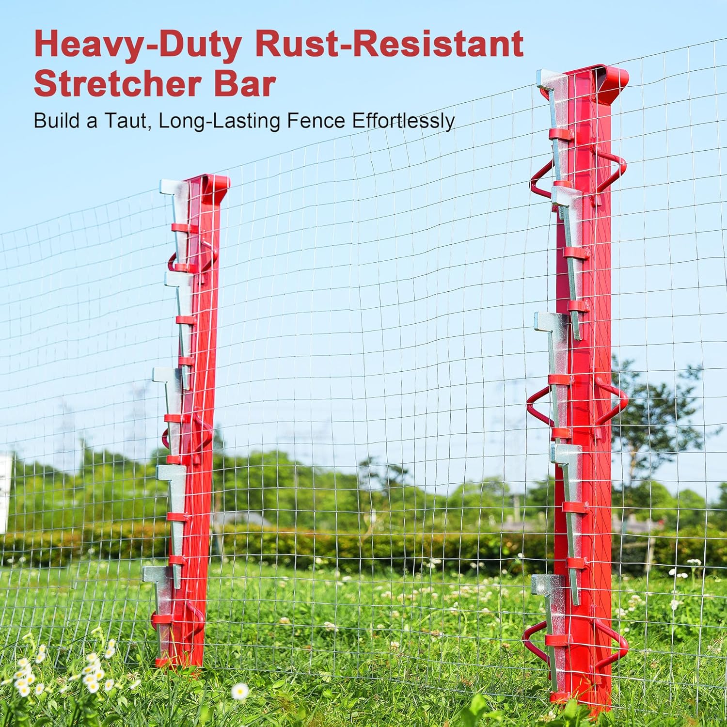 4ft Woven Wire Fence Stretcher Bar with 5 Wedges, Heavy-Duty Carbon Steel Fence Stretcher Tool Wire Puller, Red Anti-Corrosion Coating, 4.4ft Length, Ideal for Farms, Ranches & Outdoor Fencing