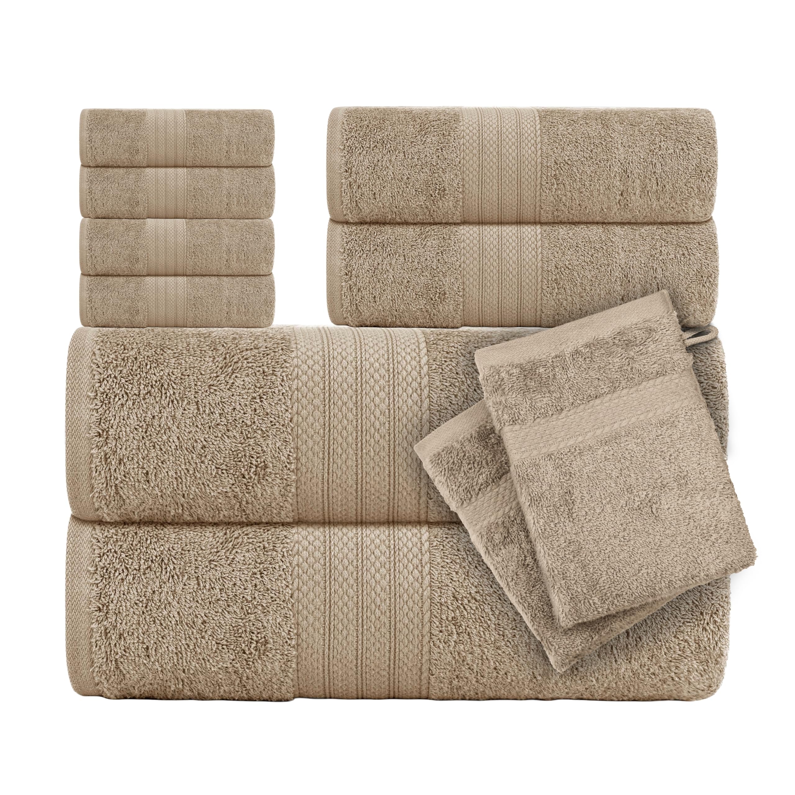 CTL® 8 Piece Towel Set 500 GSM - 2 Bath Towels, 2 Hand Towels and 4 Washcloths & 2 Wash Gloves Free 100% Cotton Hotel Quality Family Pack Towel Bale Set Highly Absorbent (Beige, 8 Piece Bale Set)