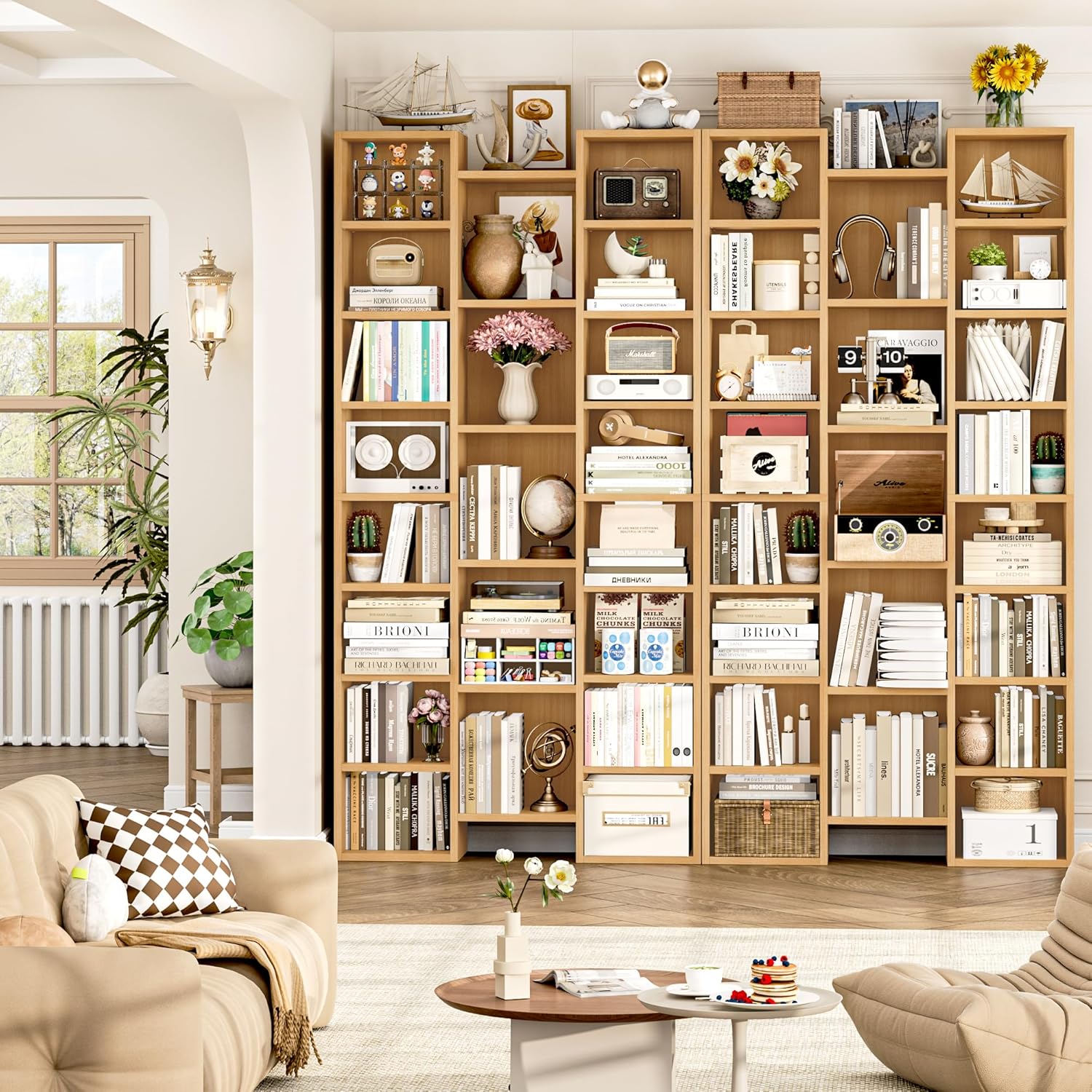FOTOSOK 71'' Tall Bookshelf with 21 Cubes, 8 Tier Triple Wide Bookshelf with 8 Adjustable Shelves, 35" Wood Bookcase DVD/CD Media Tower Storage, Freestanding Display Shelf Cabinet, Natural