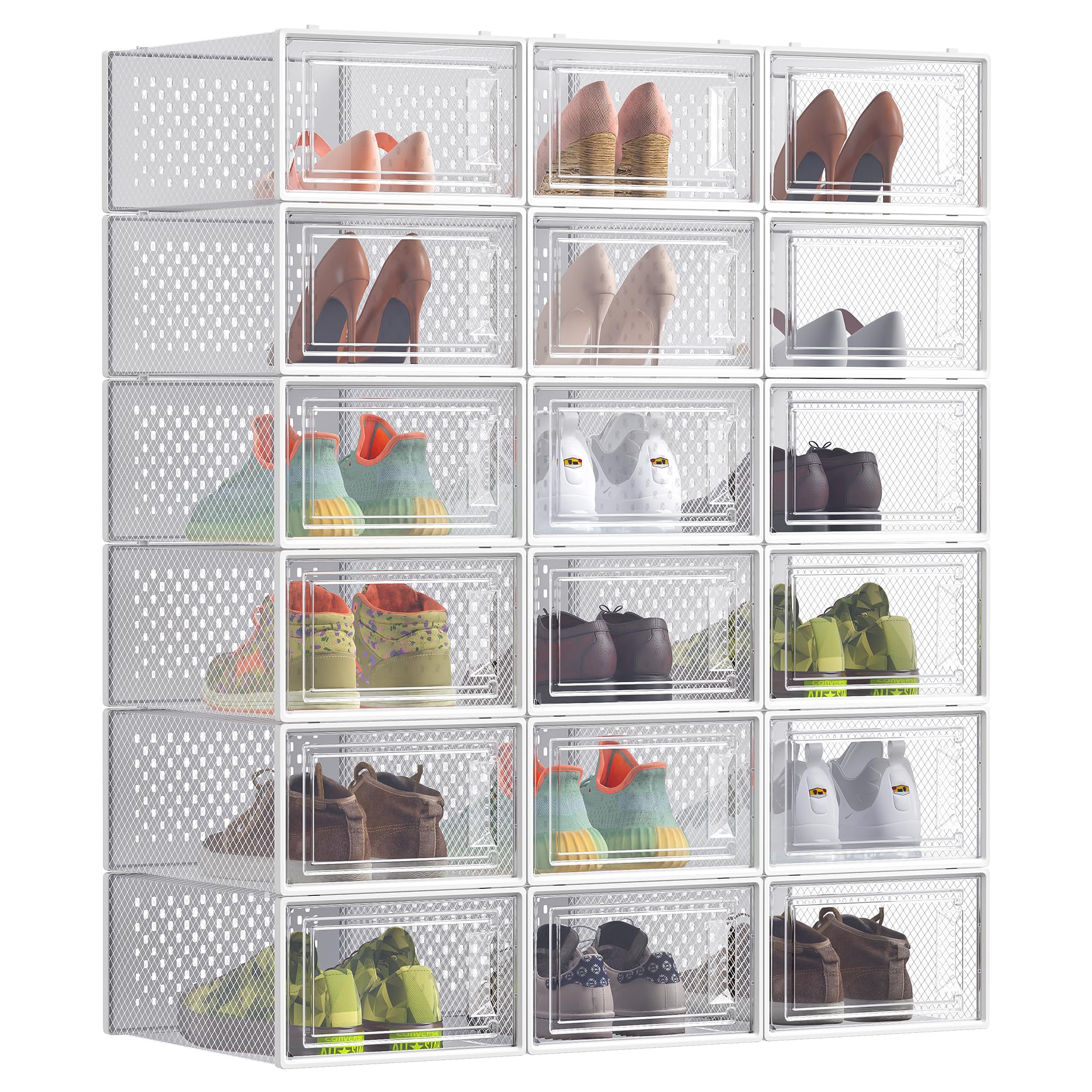 SONGMICS Shoe Boxes, Pack of 18 Stackable Shoe Storage Organisers, Foldable and Versatile for Sneakers, Fit up to UK Size 9.5, Transparent and White LSP18SWT