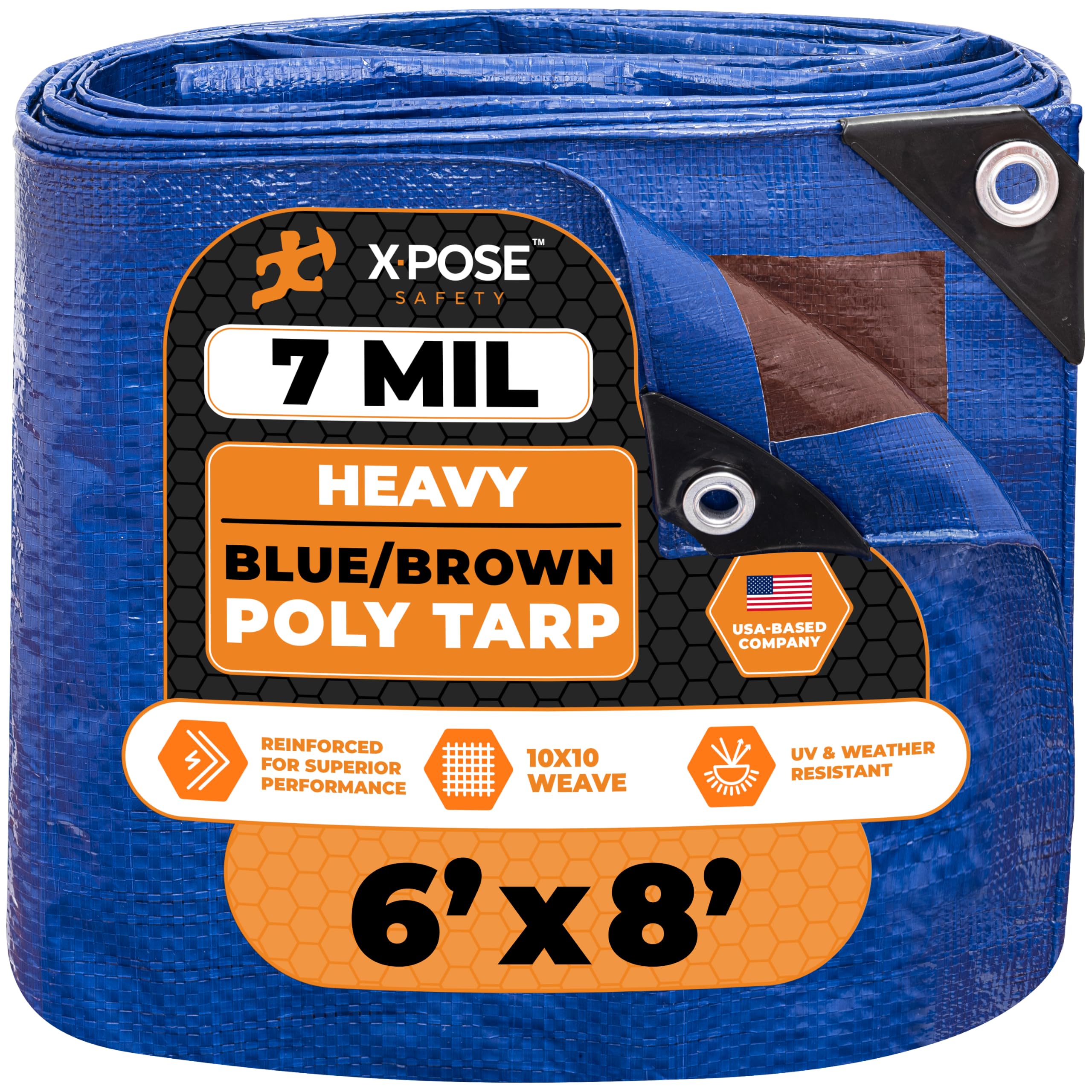 Xpose Safety 6’ x 8’ Heavy Blue/Brown Tarp - Waterproof - 7 Mil Weatherproof Camping Tarp for Tent, Rain, Wind &amp; Sun - Plastic Tarpaulin Cover Outdoor for Roof, Trailer, RV, Car, Boat