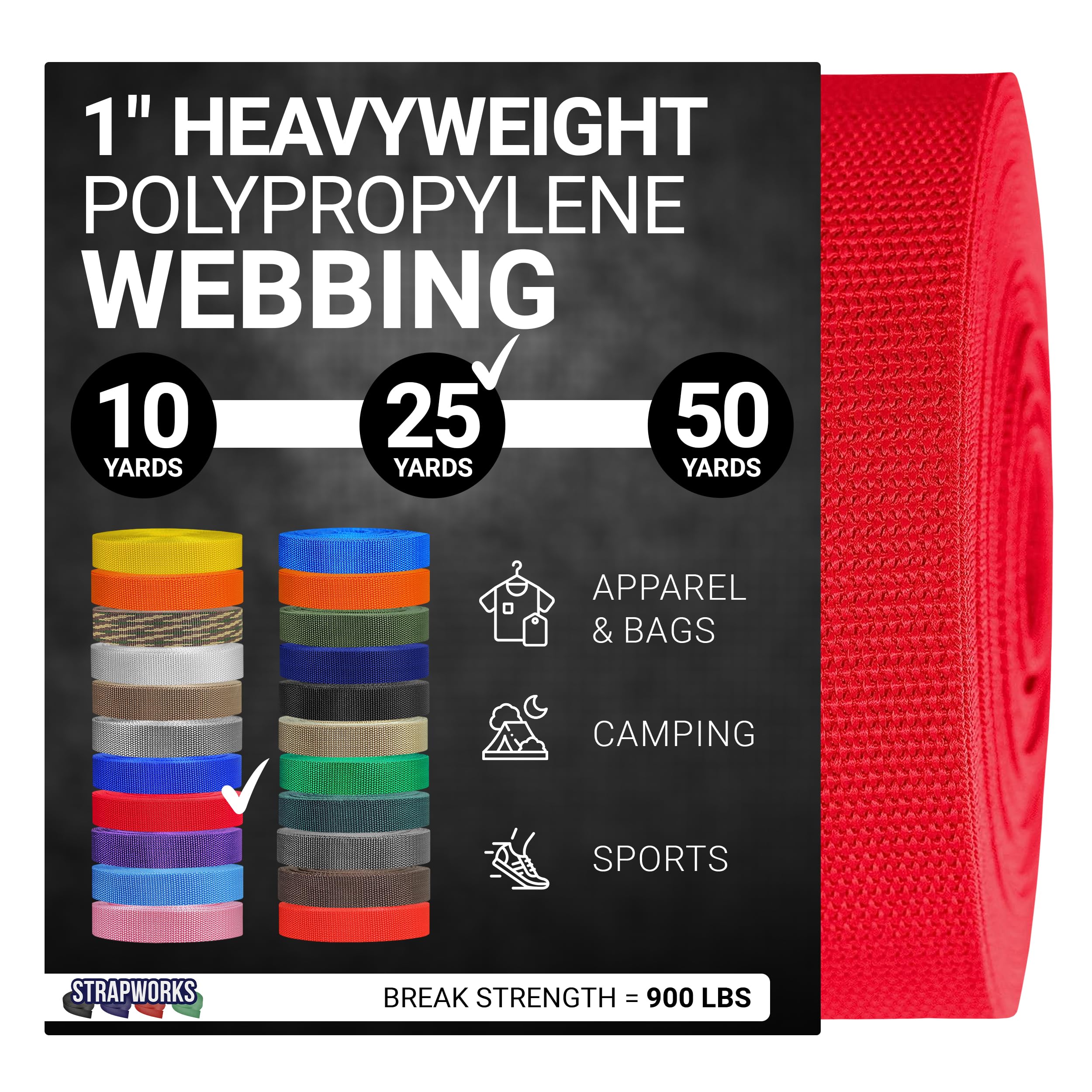 Strapworks Heavyweight Polypropylene Webbing - Heavy Duty Poly Strapping for Outdoor DIY Gear Repair, 1 Inch x 25 Yards - Red