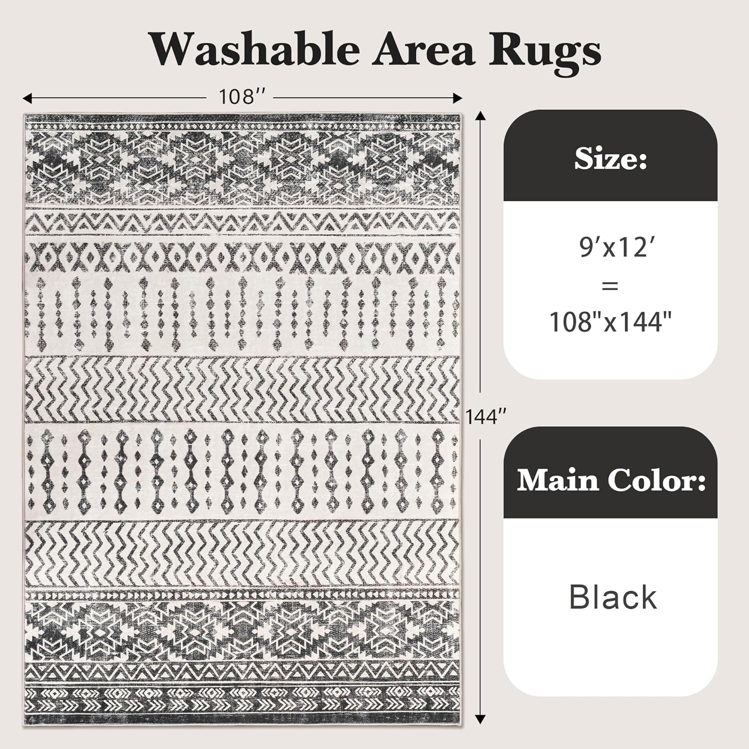 art&tuft 9x12 area rug, super soft ultra-thin moroccan washable rug, anti-slip backing area rugs 9x12 living room, foldable geometric machine washable area rug(9'x12', black) black 9' x 12' (rectangular)