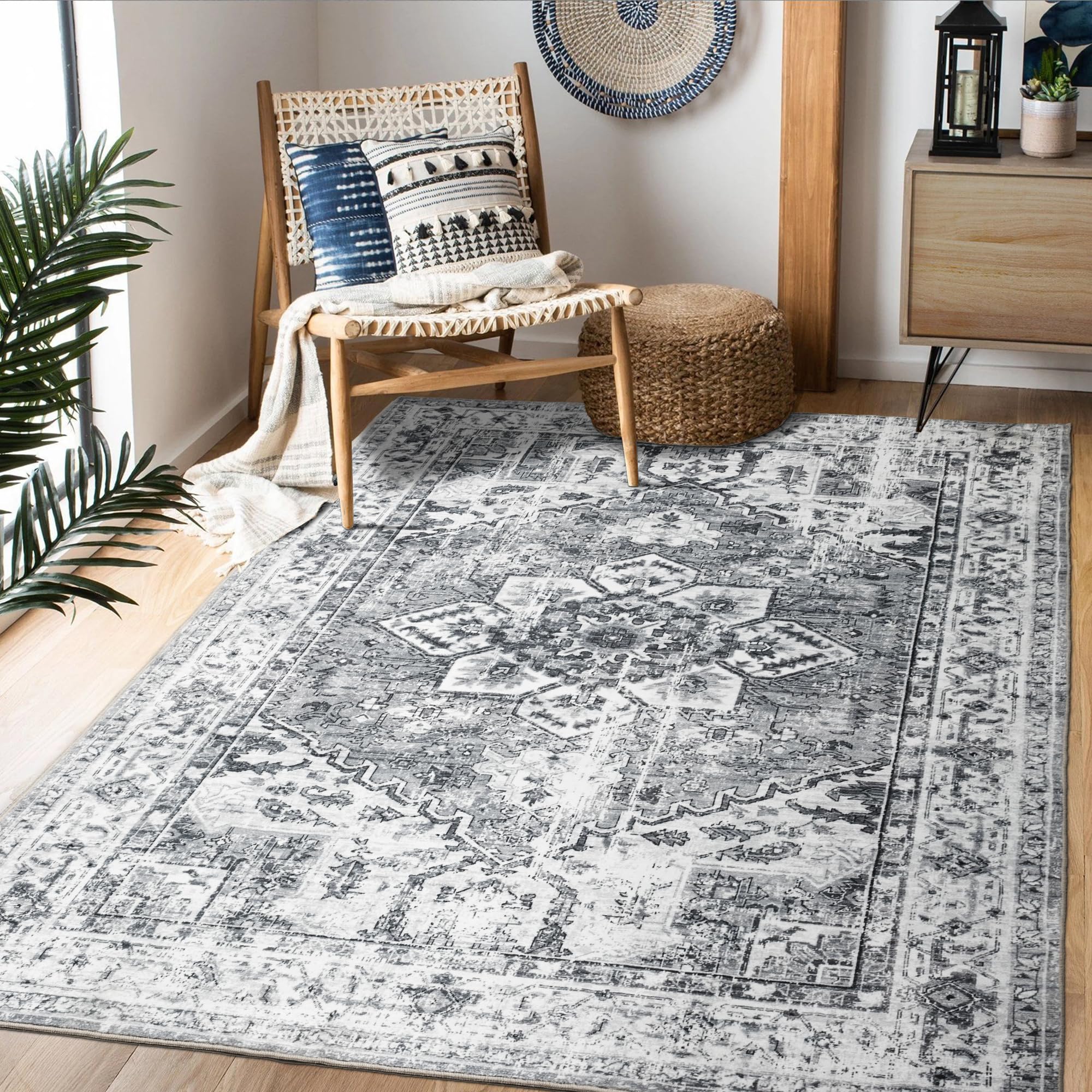 Area Rug 5x7 Machine Washable Rugs for Living Room Bedroom,Non-Slip Stain-Resistant Large Dining Room Rugs with Rubber Backing,Extra Soft Non Shedding Non Skid Vintage Carpet