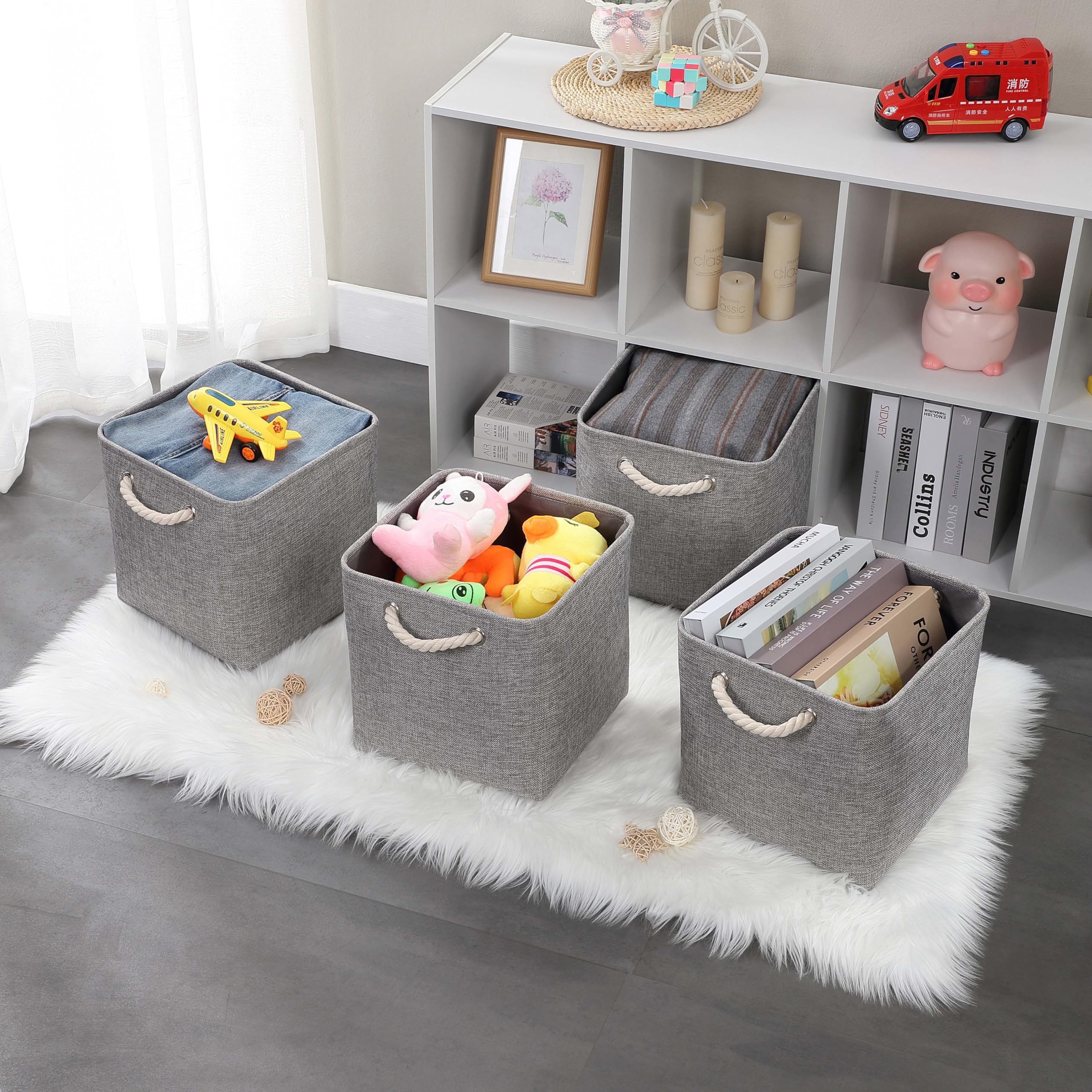 Mangata Cajas de Almacenaje, Cestas Almacenaje de Tela para Ropa, Armarios, Estantes, Juguetes, 25x25x25 cm (Plegable, 4X, Gris)