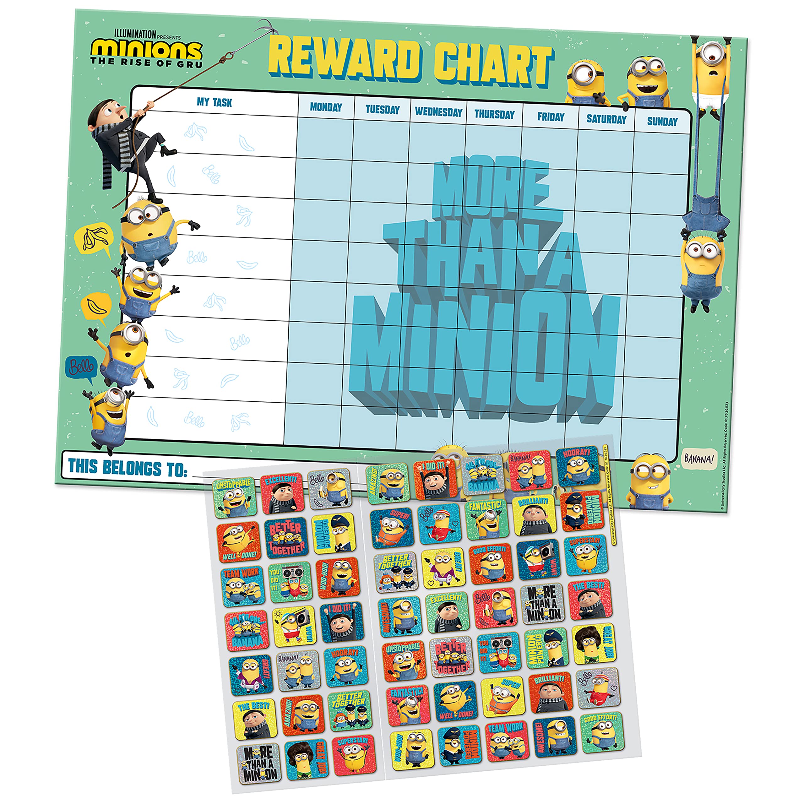 Paper Projects 01.70.30.033 Minions: The Rise of Gru Reward Include 56 Adesivi Scintillanti, la Tabella Colorata è Lavabile, Blu/Verde, 29,7 cm x 42 cm